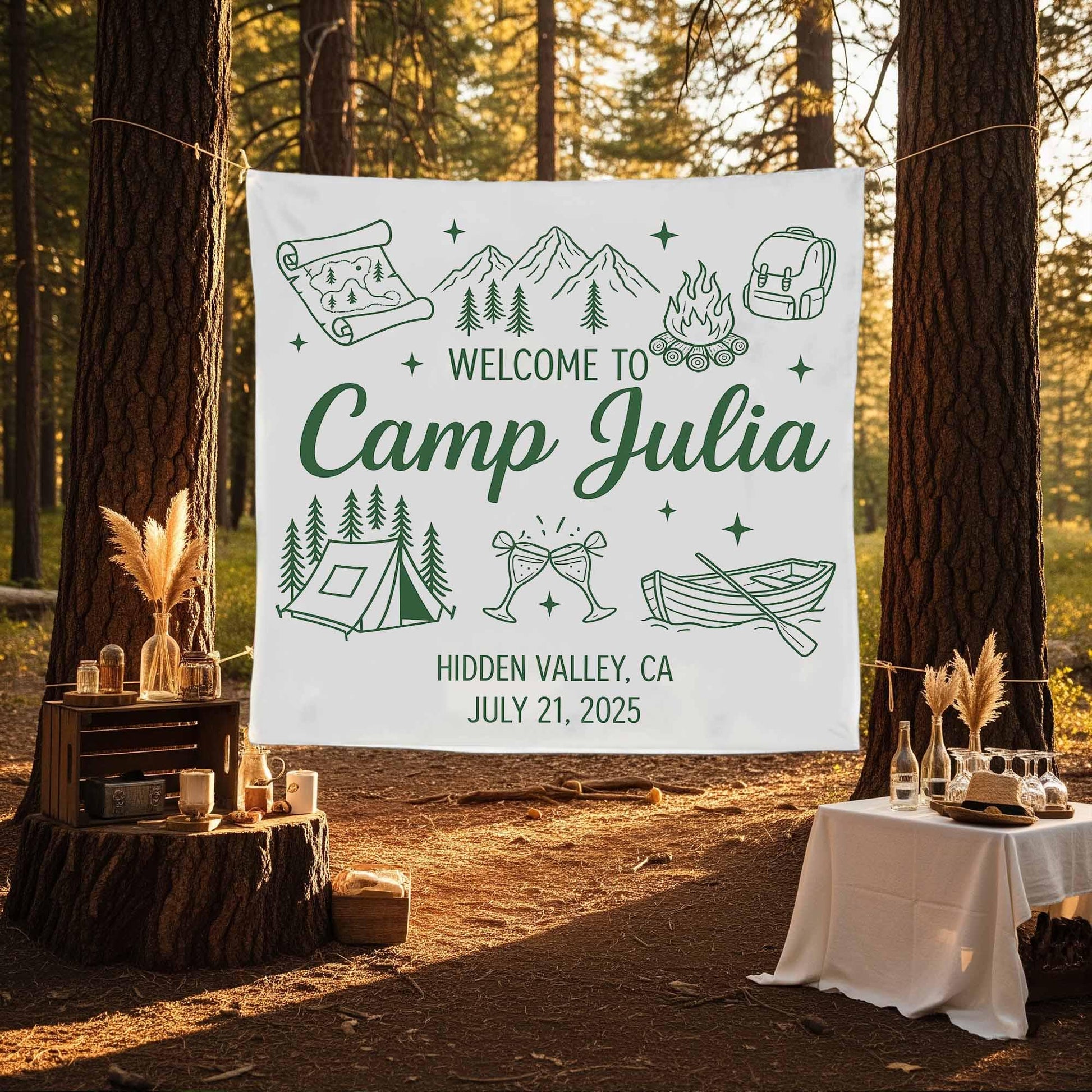 Custom Camp Banner, Welcome to Camp Sign, Personalized Camping Tapestry, Outdoor Reunion Decor, Camp Flag, amping Bachelorette Decor