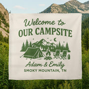 Custom Camping Tapestry – Personalized Campsite Sign Gift for Couples, Wedding or Anniversary, Outdoor Partner Camp Decor