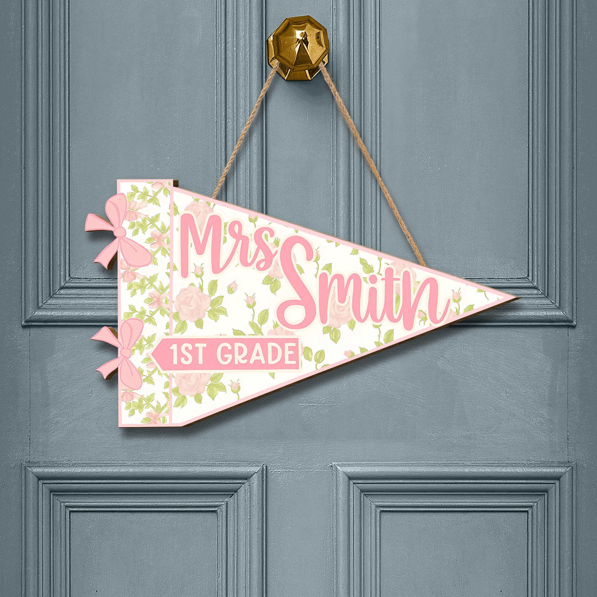 Custom Coquette Teacher Wooden Door Sign – Pink Floral Classroom Pennant custom Grade – Personalized Back to School Decor for Teachers