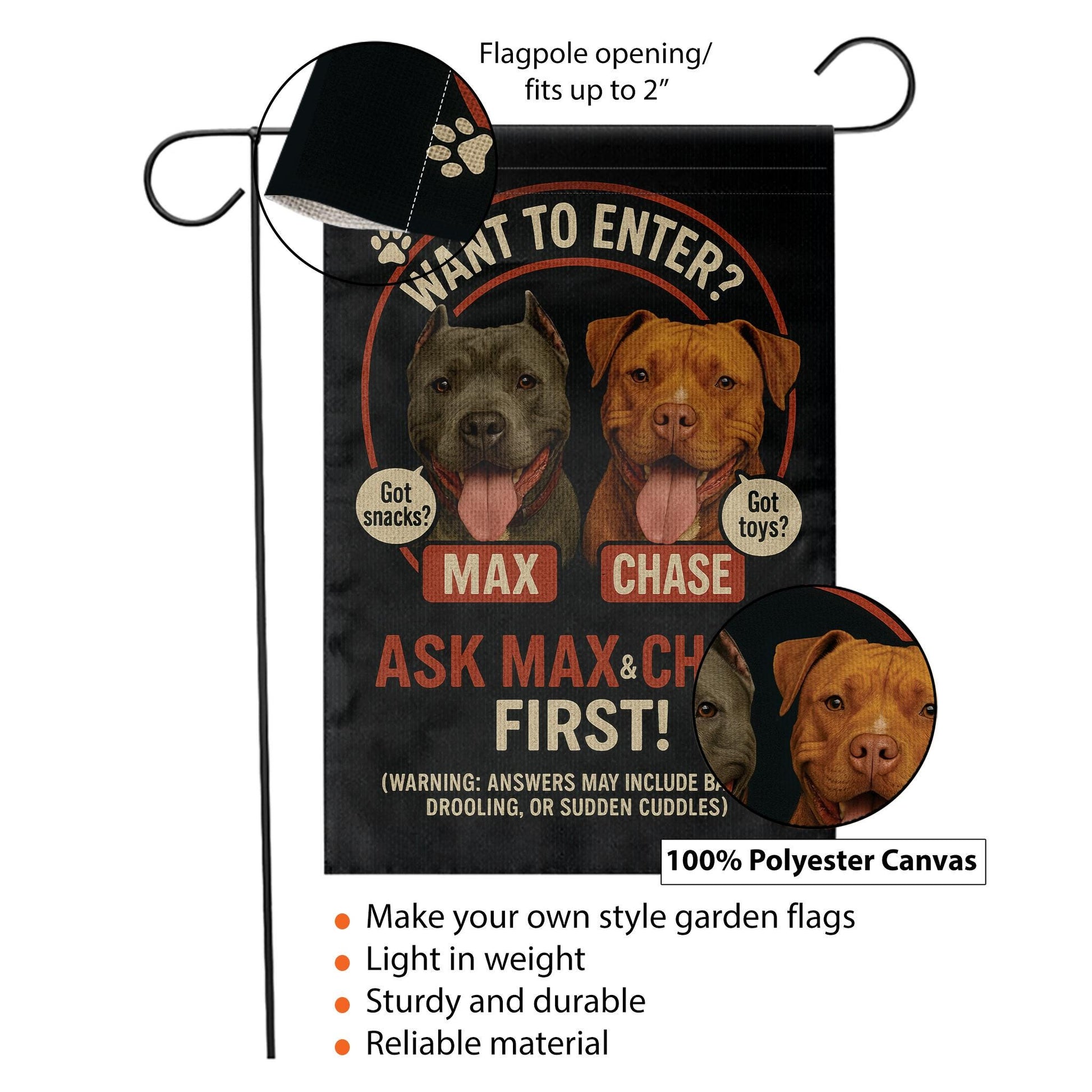 Custom Dog Garden Flag, Funny Pet Yard Sign, Ask Max & Chase First, Personalized Dog Decor, Outdoor Gift for Dog Lovers