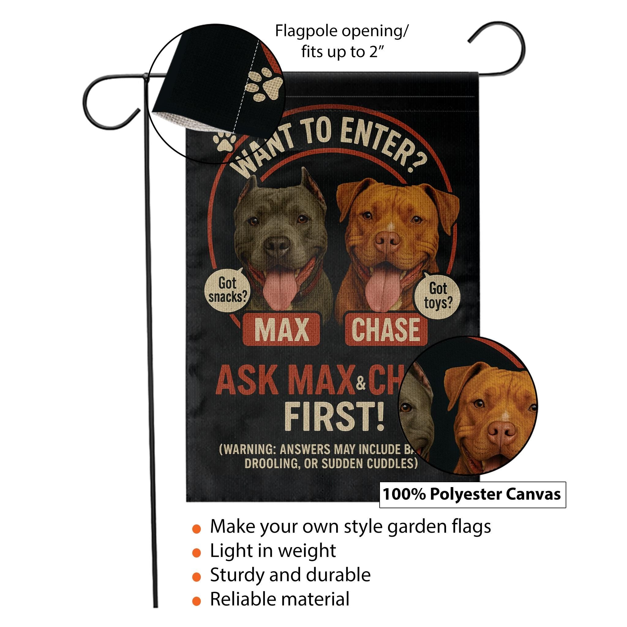 Custom Dog Garden Flag, Funny Pet Yard Sign, Ask Max & Chase First, Personalized Dog Decor, Outdoor Gift for Dog Lovers