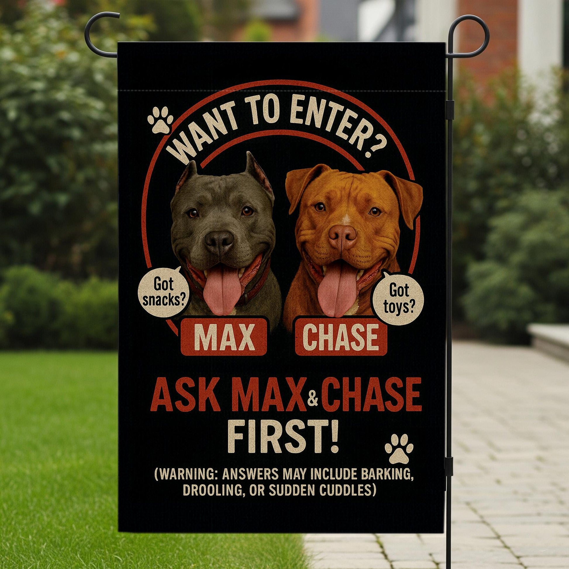 Custom Dog Garden Flag, Funny Pet Yard Sign, Ask Max & Chase First, Personalized Dog Decor, Outdoor Gift for Dog Lovers