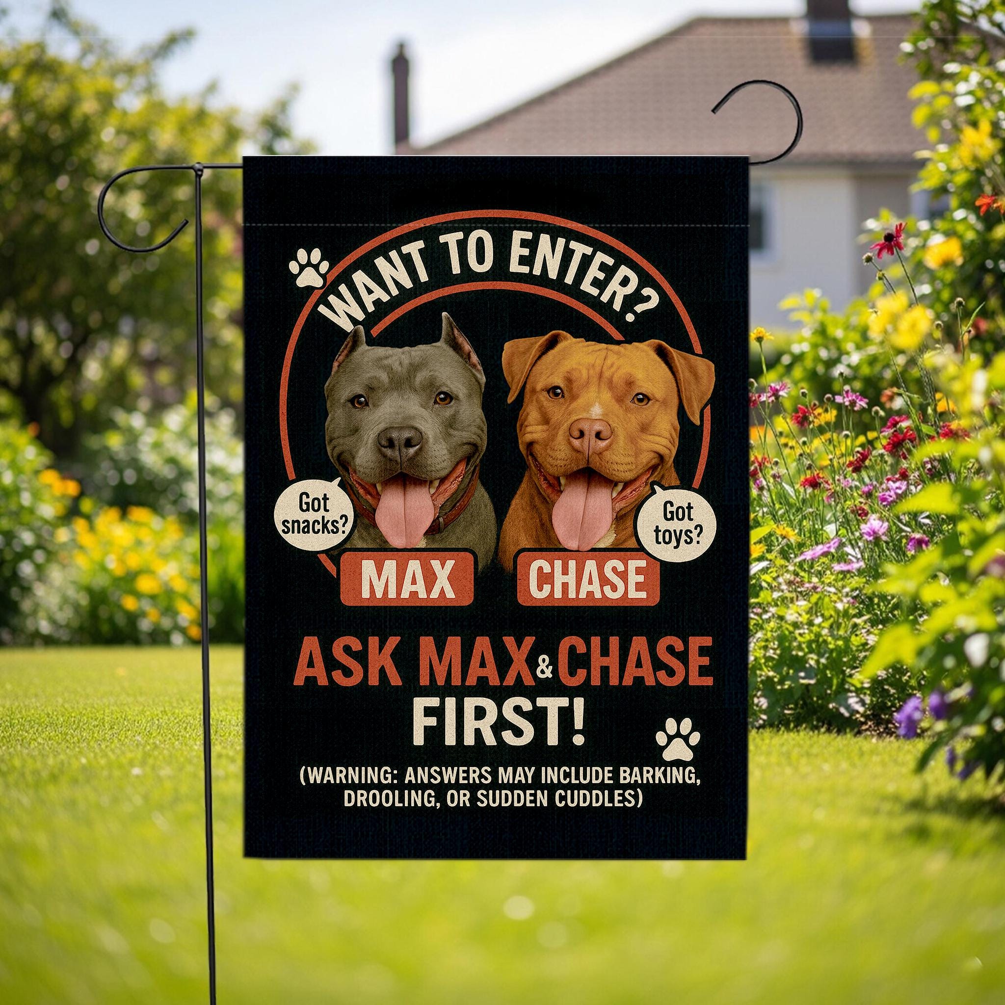 Custom Dog Garden Flag, Funny Pet Yard Sign, Ask Max & Chase First, Personalized Dog Decor, Outdoor Gift for Dog Lovers