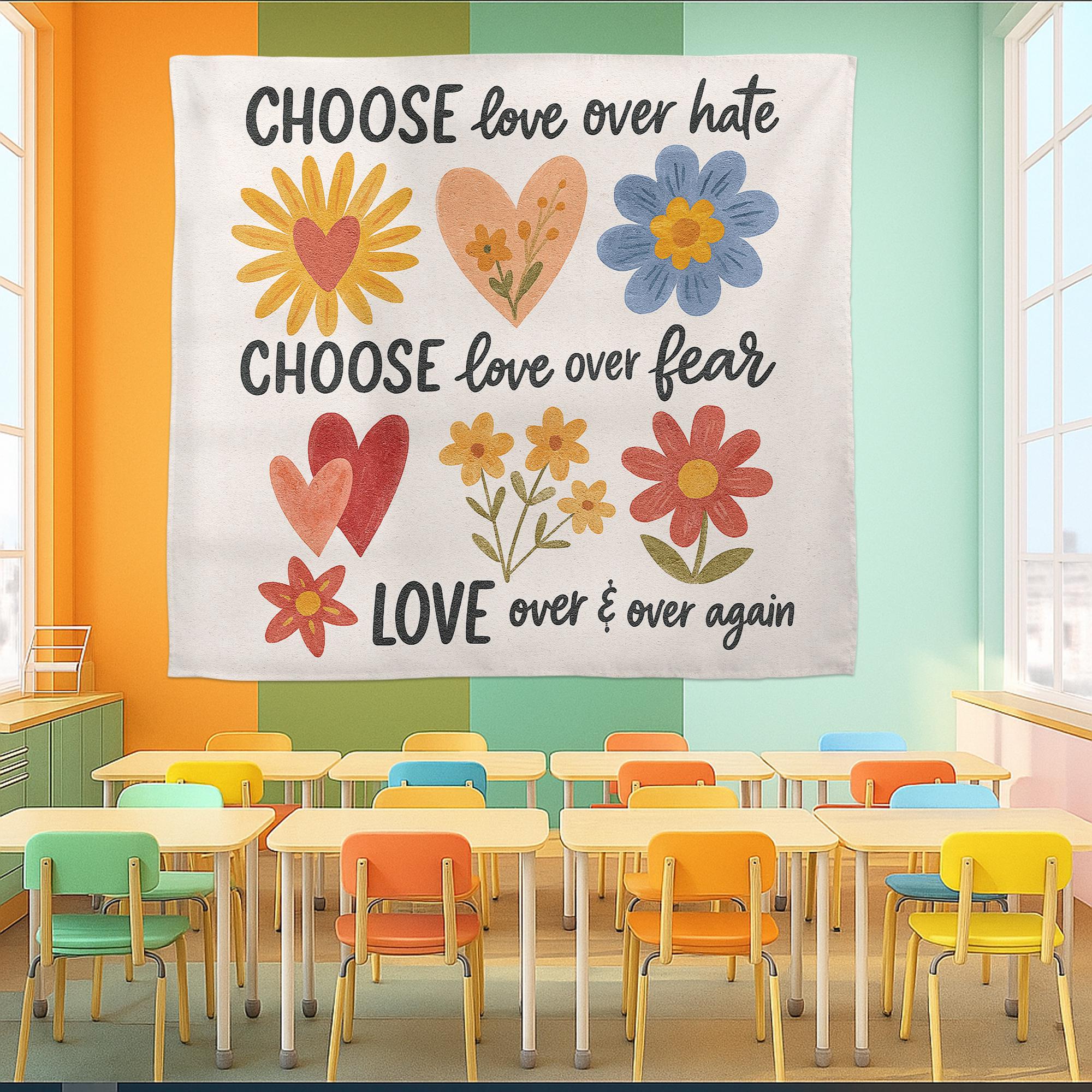 Classroom Wall Art Banner – Choose Love Over Hate Fear Quote – Positive Teacher Decor for Kids Room, School, or Counseling Office, School