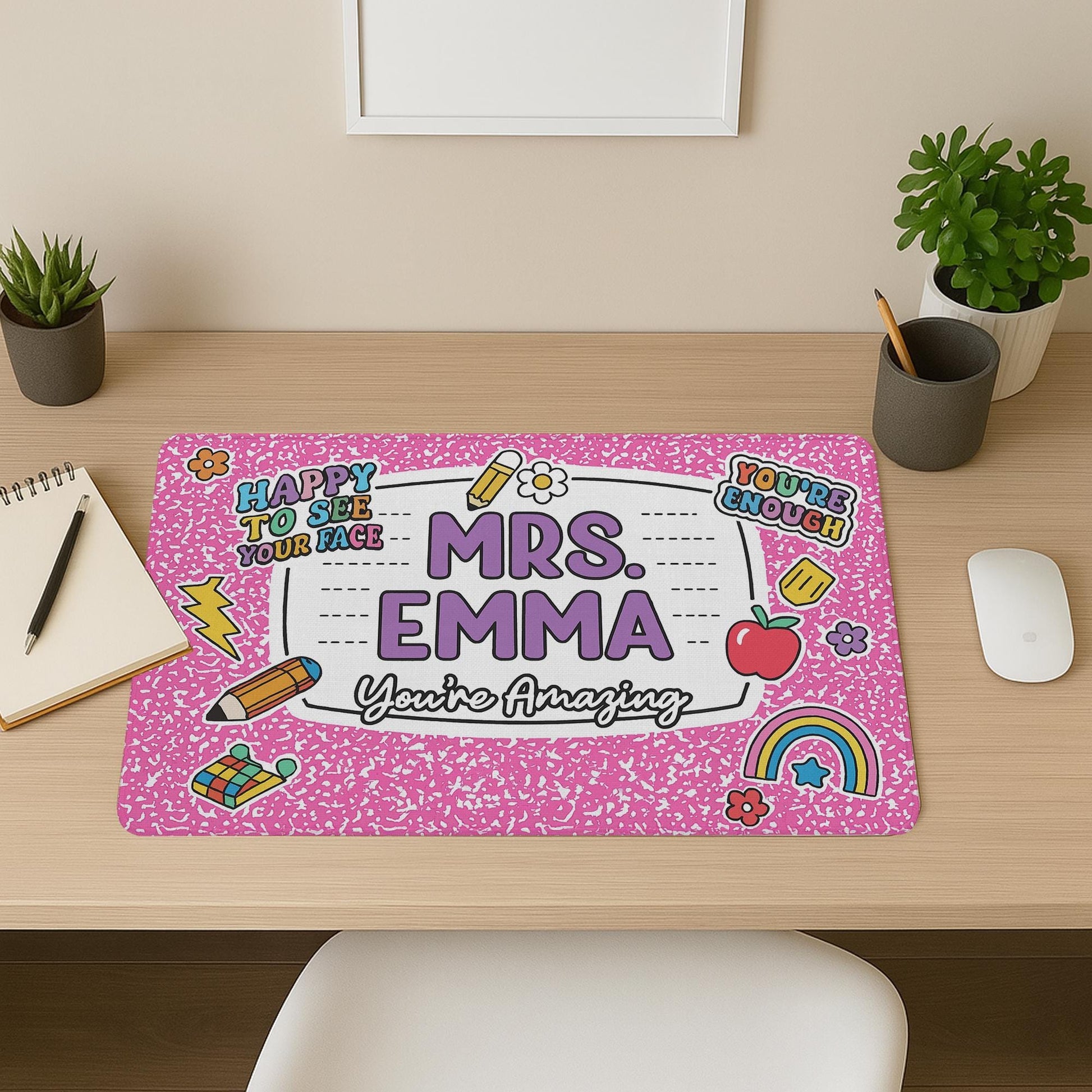 Custom Teacher Mouse Pad, Composition Notebook Style Desk Mat, Personalized Back to School Gift for Educators, Cute Classroom Decor
