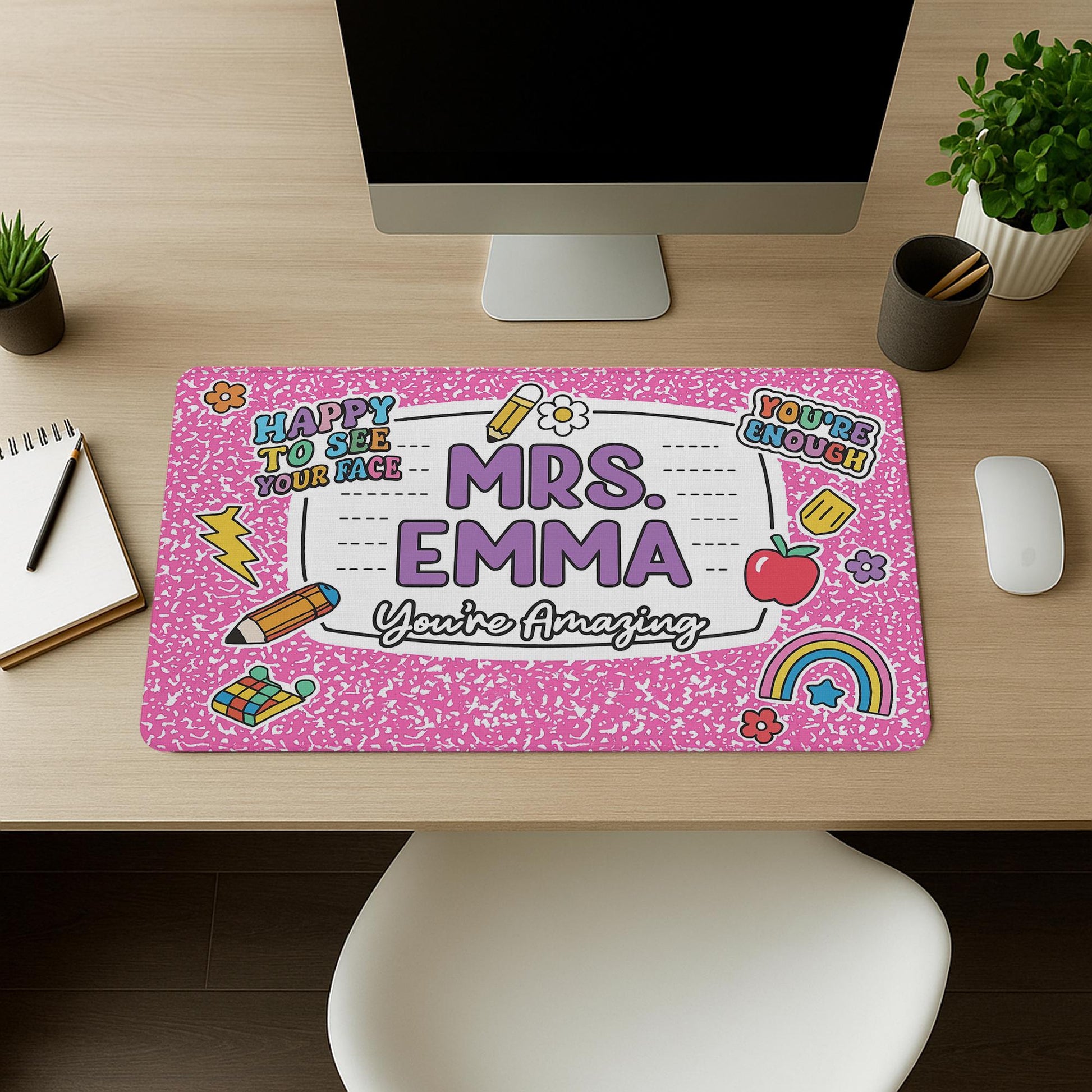 Custom Teacher Mouse Pad, Composition Notebook Style Desk Mat, Personalized Back to School Gift for Educators, Cute Classroom Decor