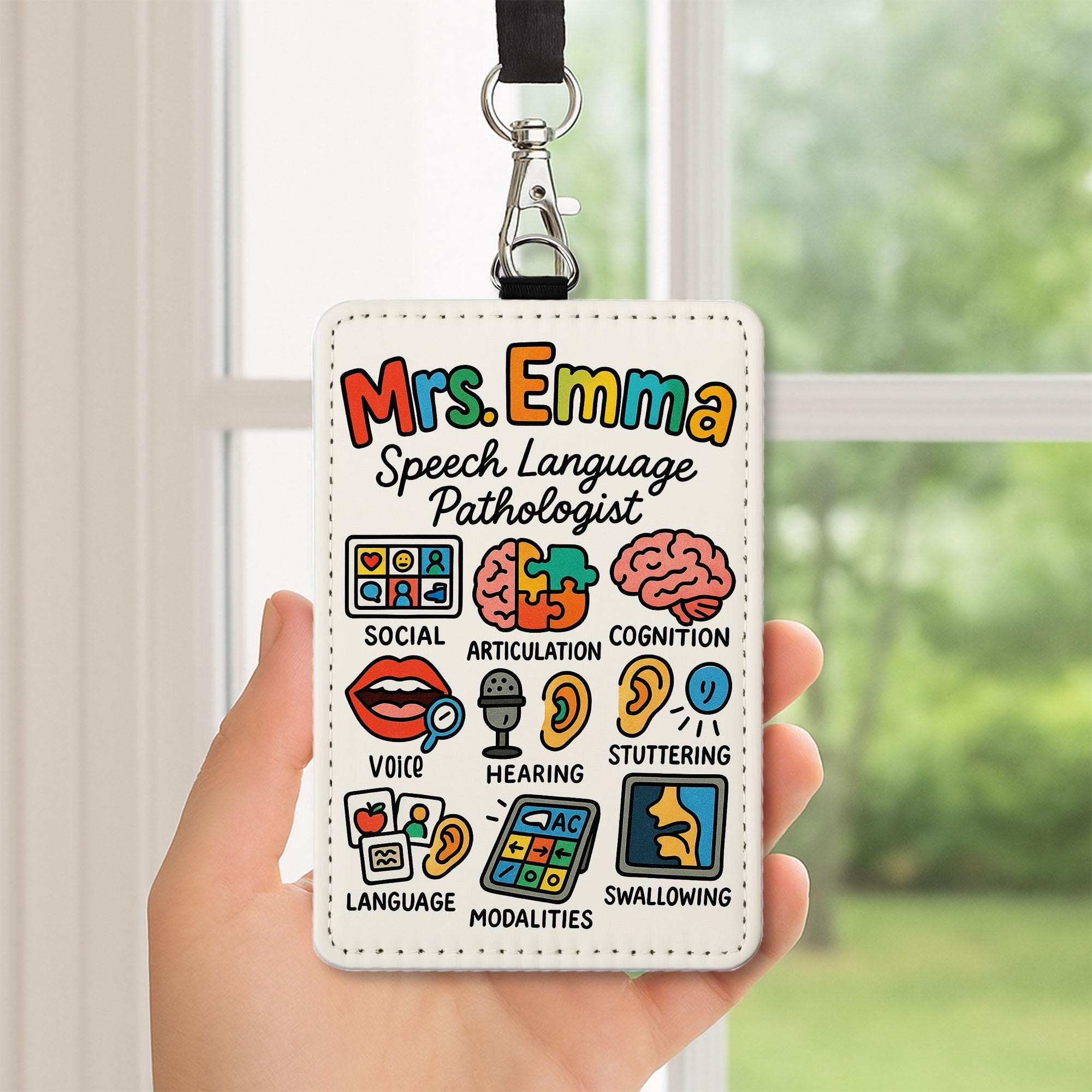 Personalized Speech Language Pathologist Badge Holder, SLP ID Card, Colorful Lanyard Tag, Therapist Gift, AAC Speech Therapy Accessory