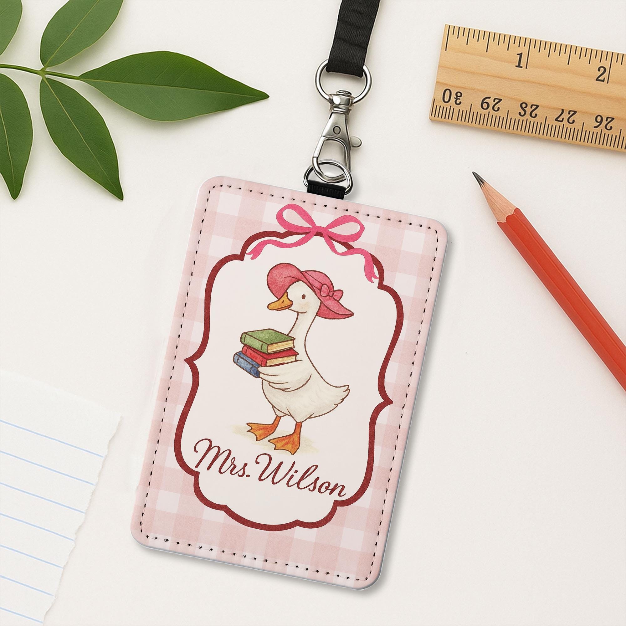 Personalized Silly Goose Teacher Badge Holder, Back to School ID Card,Cute Pink Gingham Lanyard, Funny Classroom Accessory,Teacher Gift Idea