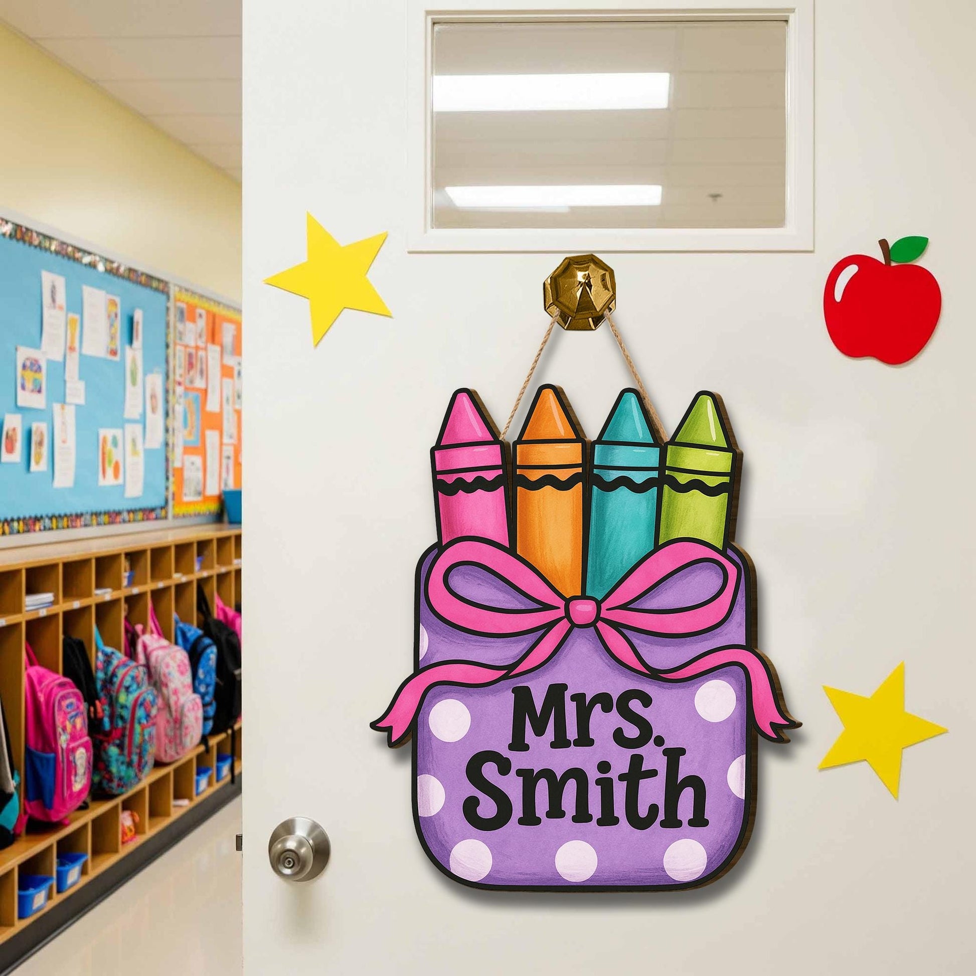Crayon Teacher Door Sign, Custom Classroom Wooden Hanger, Polka Dot Name Plaque, Back to School Decor, Cute Teacher Gift Idea