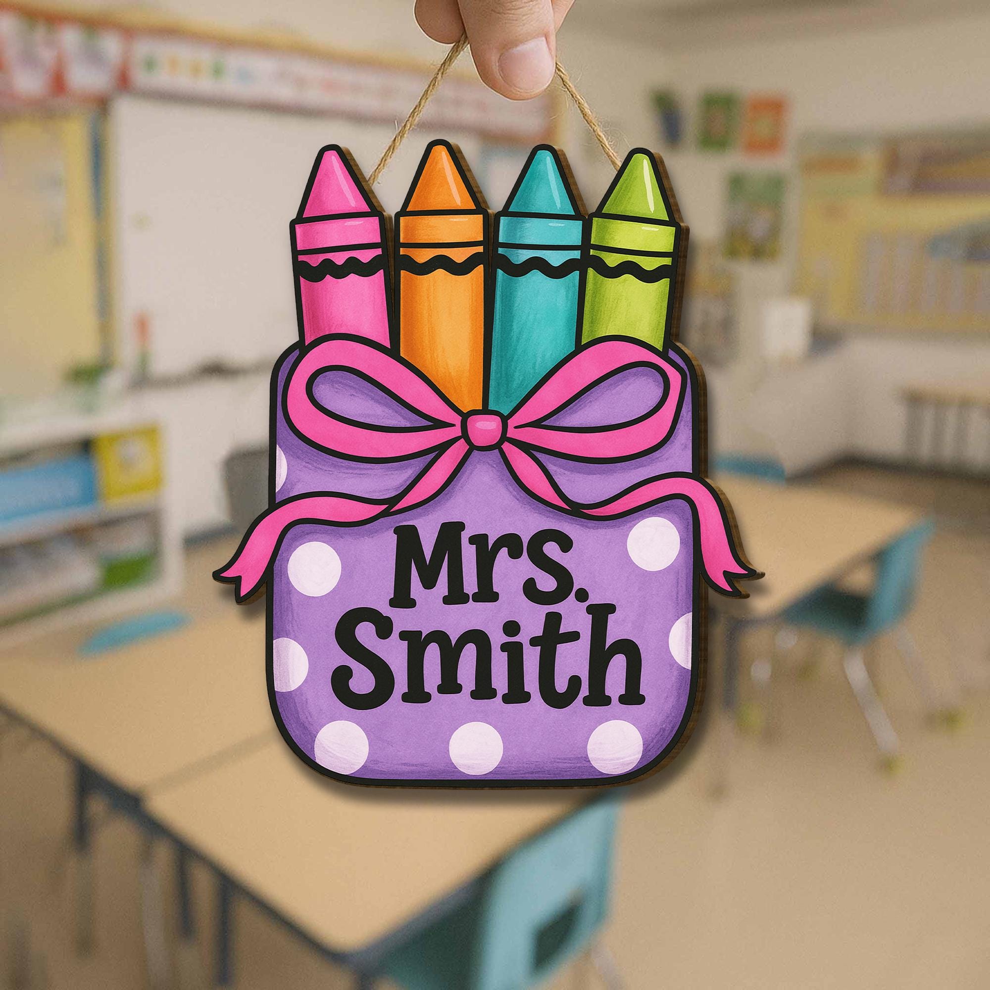 Crayon Teacher Door Sign, Custom Classroom Wooden Hanger, Polka Dot Name Plaque, Back to School Decor, Cute Teacher Gift Idea