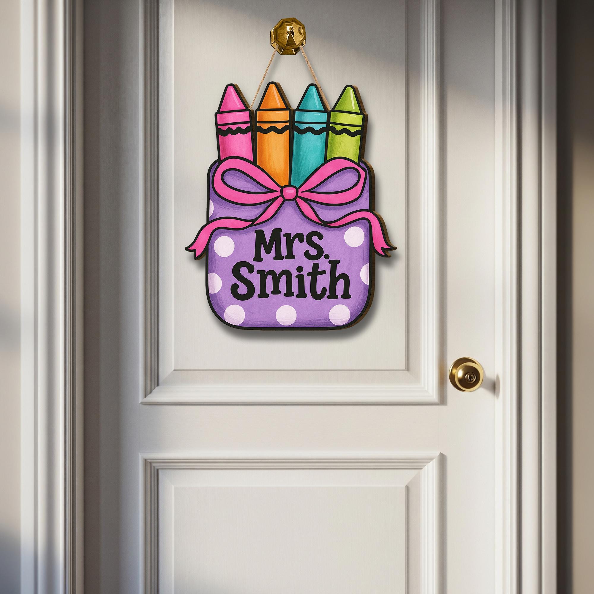 Crayon Teacher Door Sign, Custom Classroom Wooden Hanger, Polka Dot Name Plaque, Back to School Decor, Cute Teacher Gift Idea
