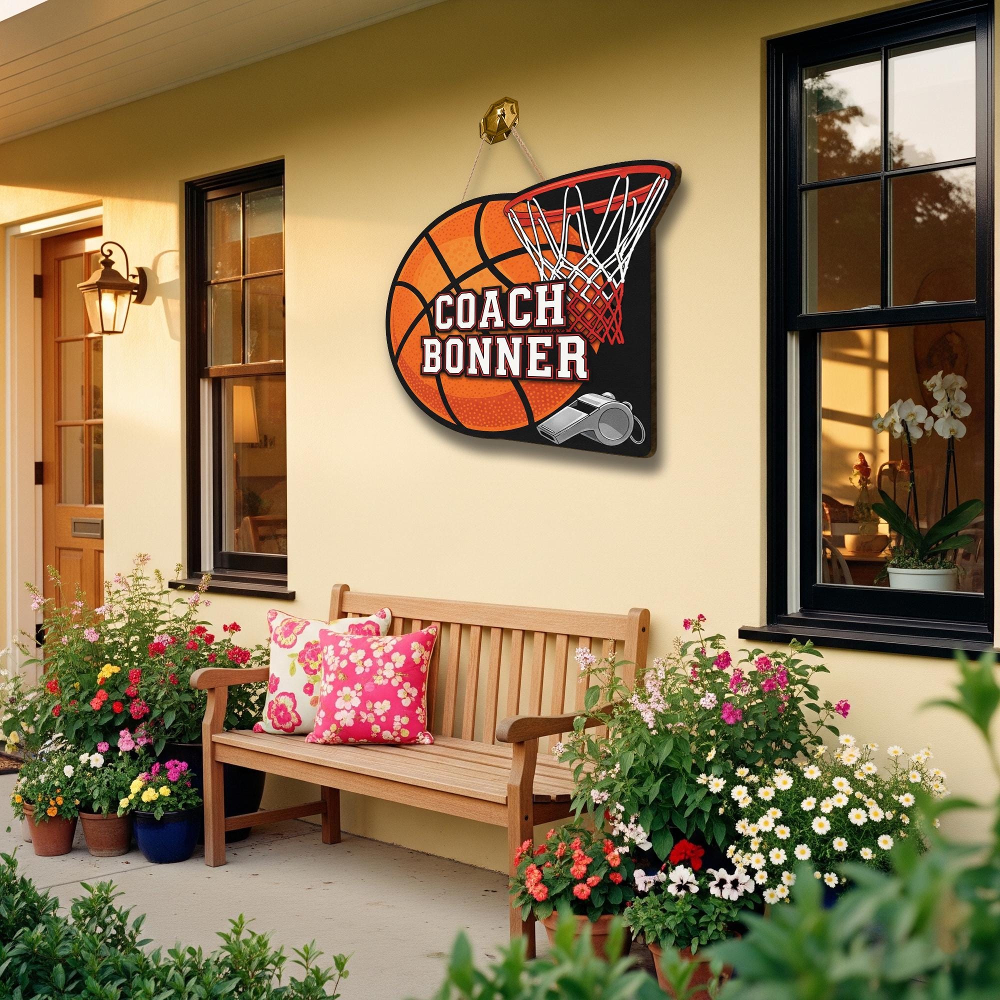 Personalized Coach Door Sign – Custom Basketball Themed Name Sign with Hoop and Whistle – Sports Decor Gift for Coaches, Sport Class Decor