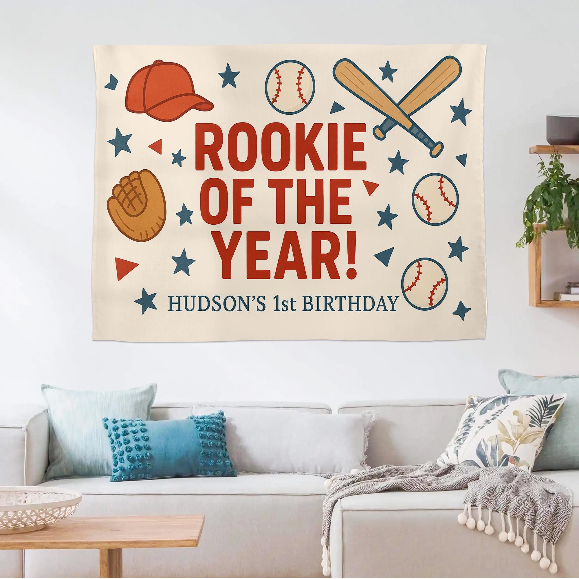 Baseball Birthday Banner - Rookie of the Year Party Backdrop - Personalized Sports Theme Tapestry for Baby Boy Birthday Decor