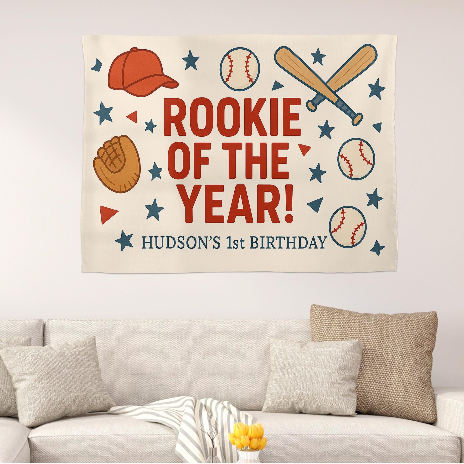 Baseball Birthday Banner - Rookie of the Year Party Backdrop - Personalized Sports Theme Tapestry for Baby Boy Birthday Decor