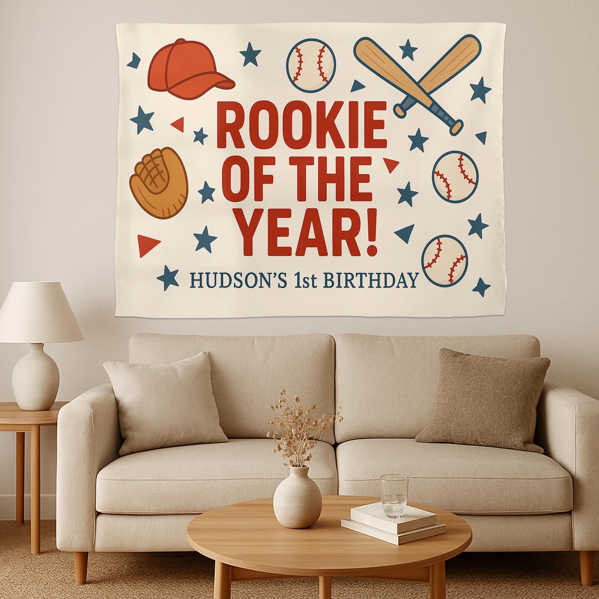 Baseball Birthday Banner - Rookie of the Year Party Backdrop - Personalized Sports Theme Tapestry for Baby Boy Birthday Decor