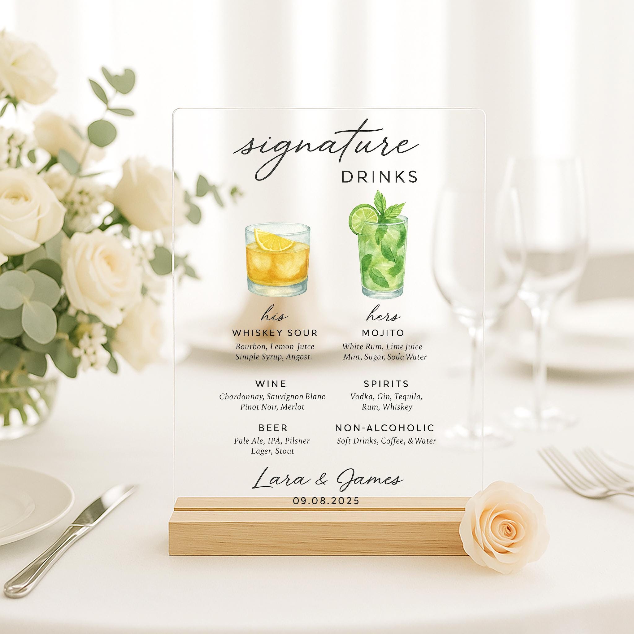 Custom Acrylic Wedding Bar Sign – His & Hers Signature Drinks Menu with Pet Portrait – Personalized Cocktail Sign for Reception Decor
