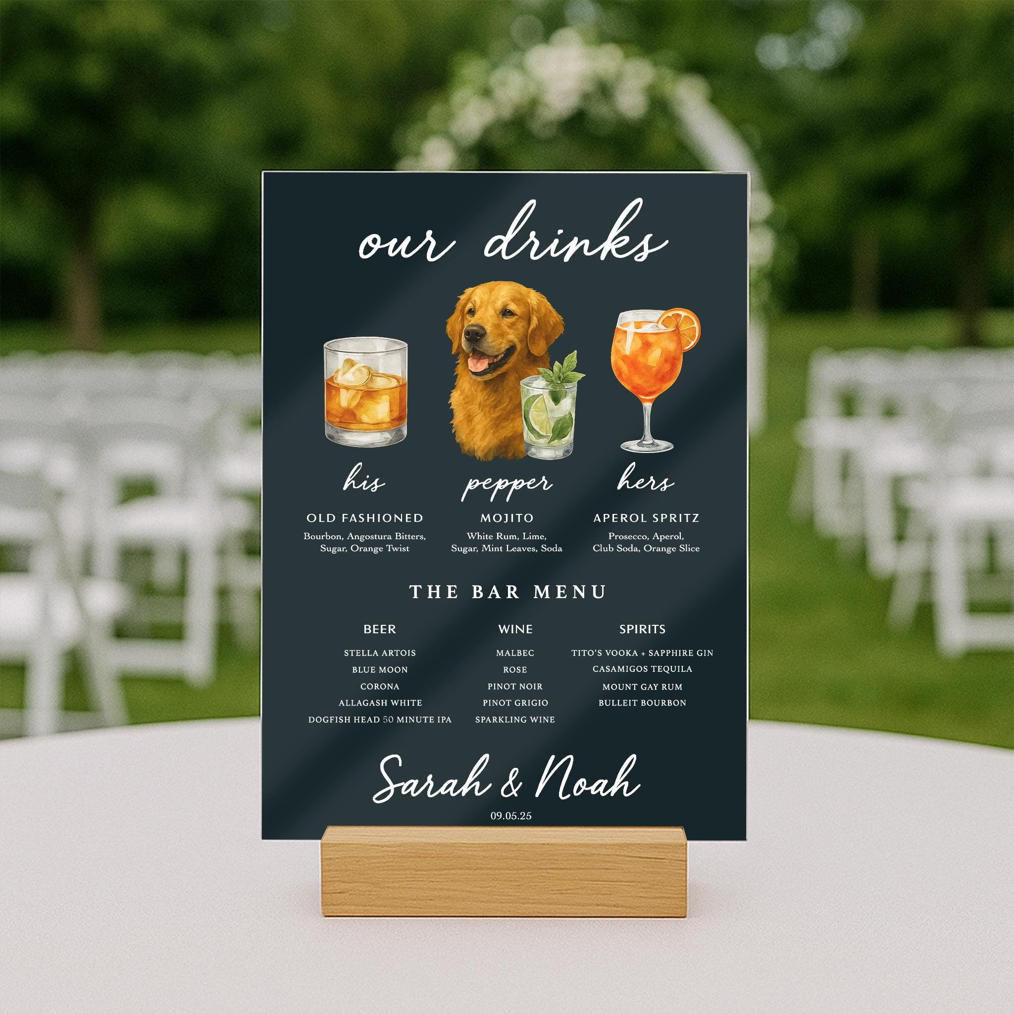 Custom Acrylic Wedding Bar Sign β His & Hers Signature Drinks Menu with Pet Portrait β Personalized Cocktail Sign for Reception Decor