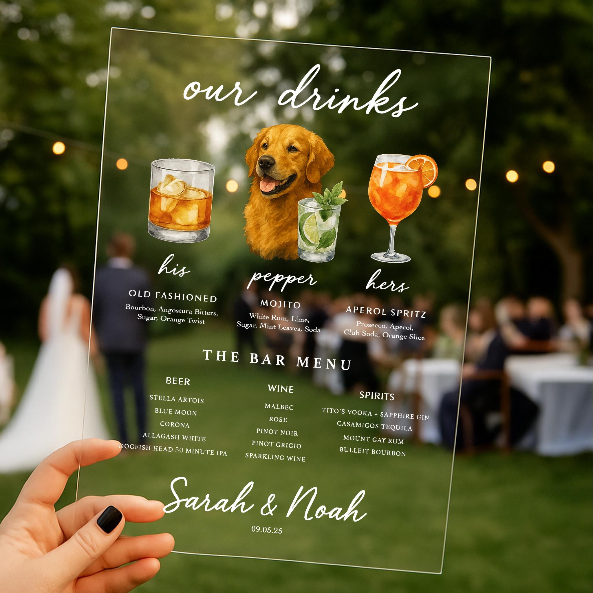 Custom Acrylic Wedding Bar Sign – His & Hers Signature Drinks Menu with Pet Portrait – Personalized Cocktail Sign for Reception Decor