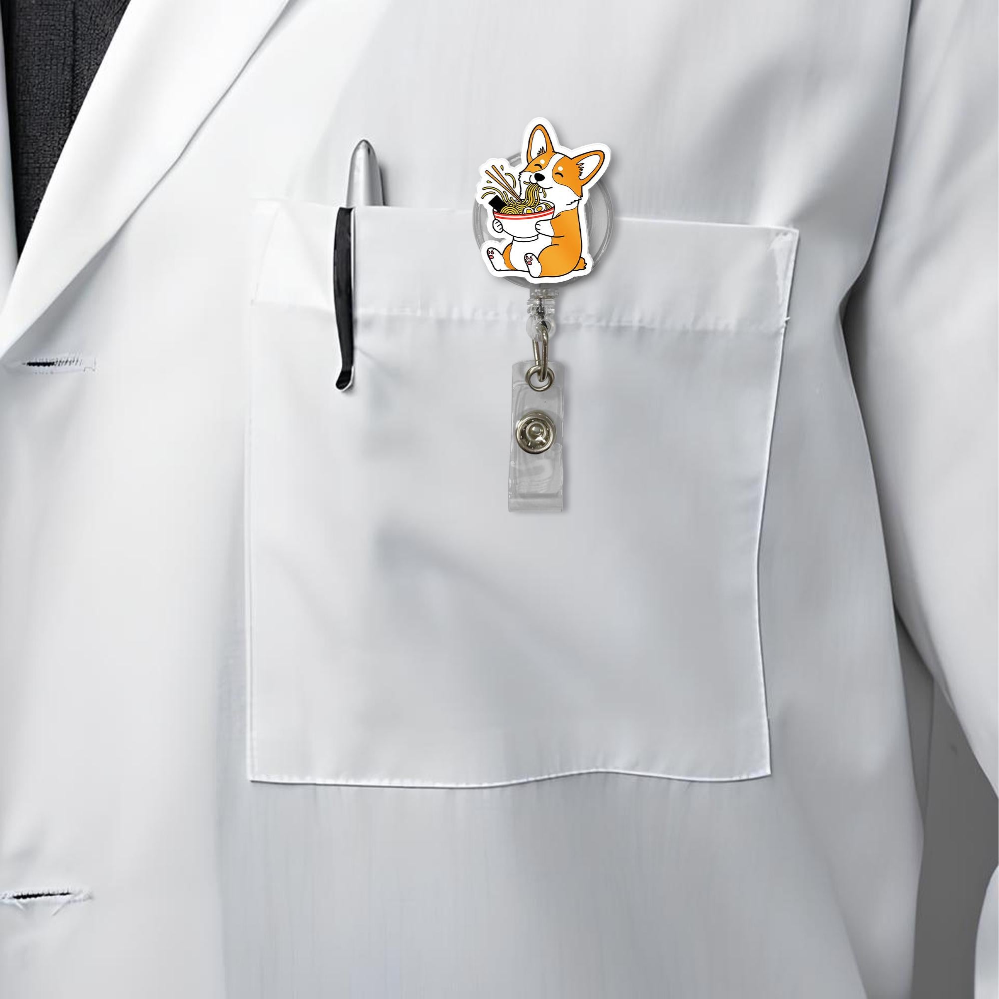 Corgi Noodle Bowl Badge Reel – Cute Dog ID Holder for Nurses, Vets, Foodies & Dog Lovers, Retractable Clip for Work or School Lanyards