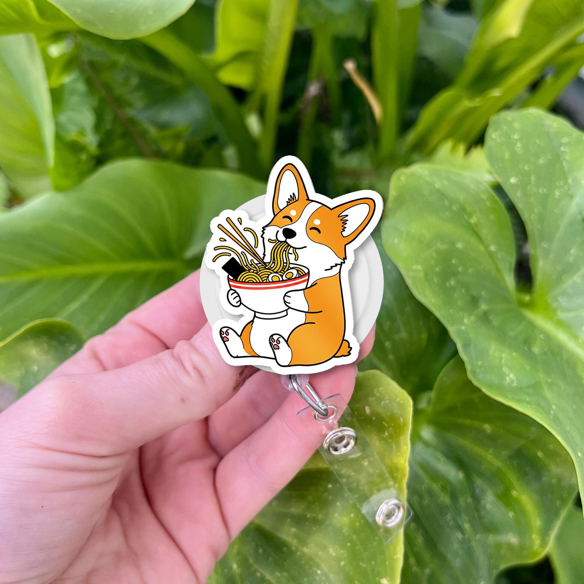 Corgi Noodle Bowl Badge Reel – Cute Dog ID Holder for Nurses, Vets, Foodies & Dog Lovers, Retractable Clip for Work or School Lanyards