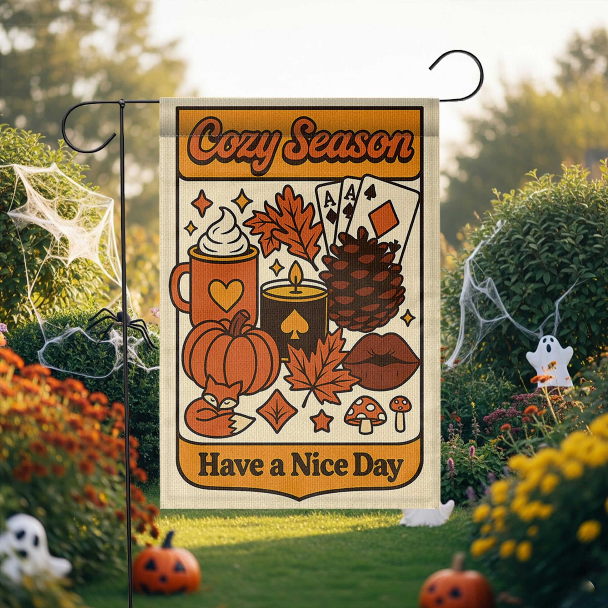 Cozy Season Garden Flag, Fall Yard Decor, Autumn Outdoor Sign, Retro Pumpkin Banner, Cute Seasonal Flag, Have a Nice Day Gift
