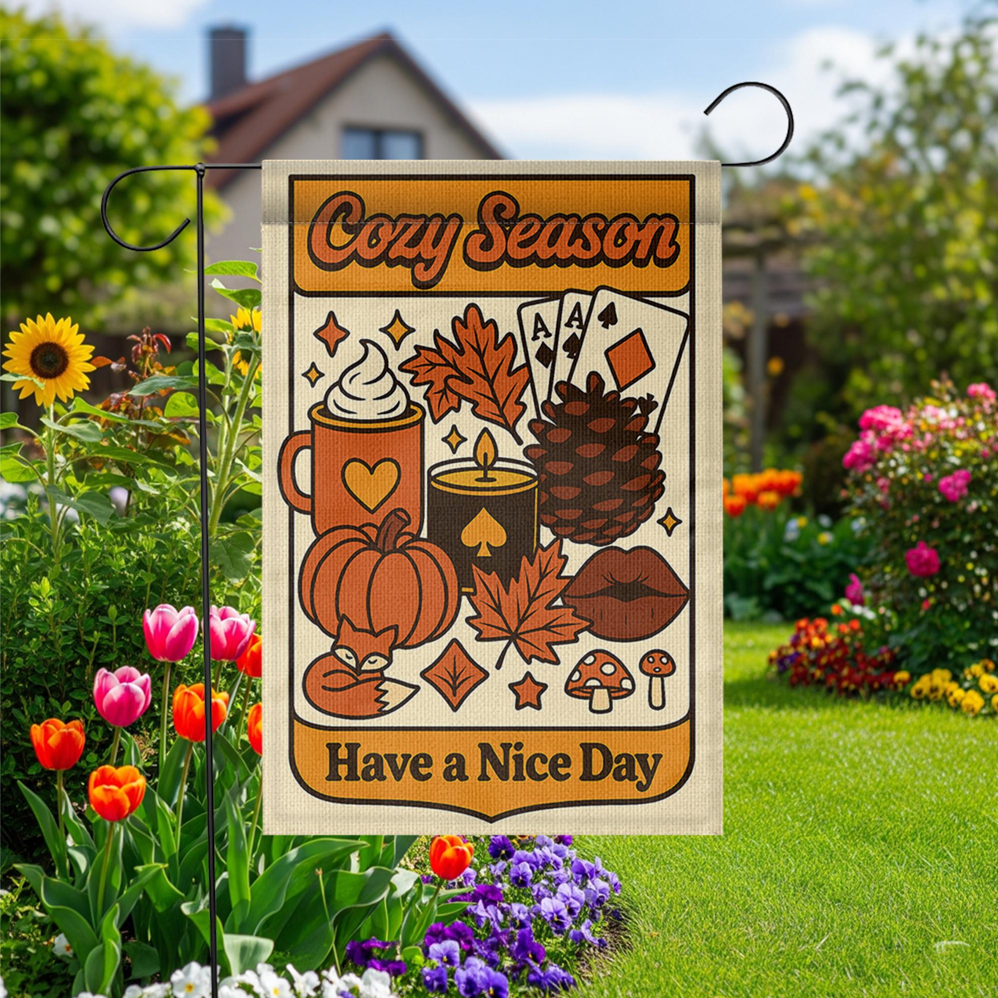 Cozy Season Garden Flag, Fall Yard Decor, Autumn Outdoor Sign, Retro Pumpkin Banner, Cute Seasonal Flag, Have a Nice Day Gift