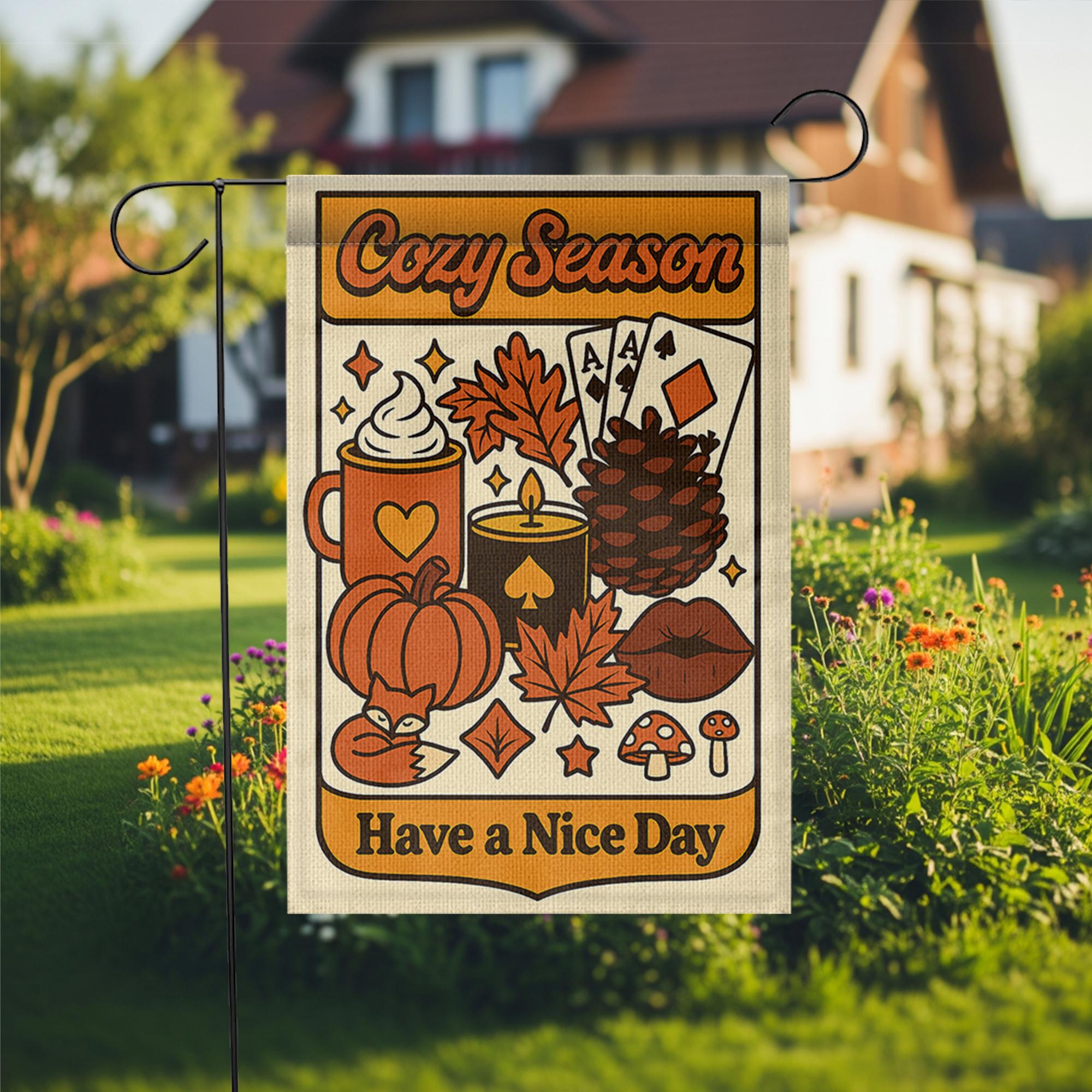 Cozy Season Garden Flag, Fall Yard Decor, Autumn Outdoor Sign, Retro Pumpkin Banner, Cute Seasonal Flag, Have a Nice Day Gift