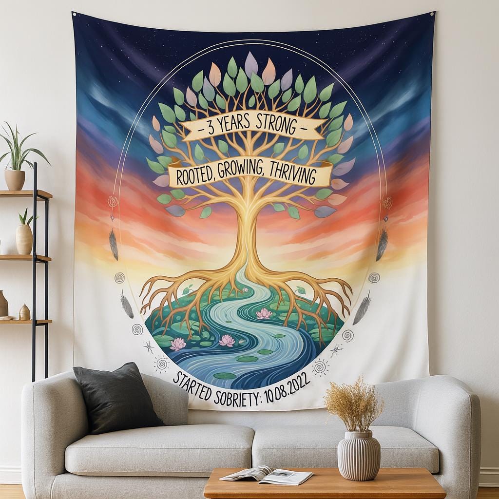 Personalized Sobriety Tapestry 3 Years | Custom Recovery Gift | Sober Anniversary Decor | Tree of Life Wall Art | Sober Birthday Milestone
