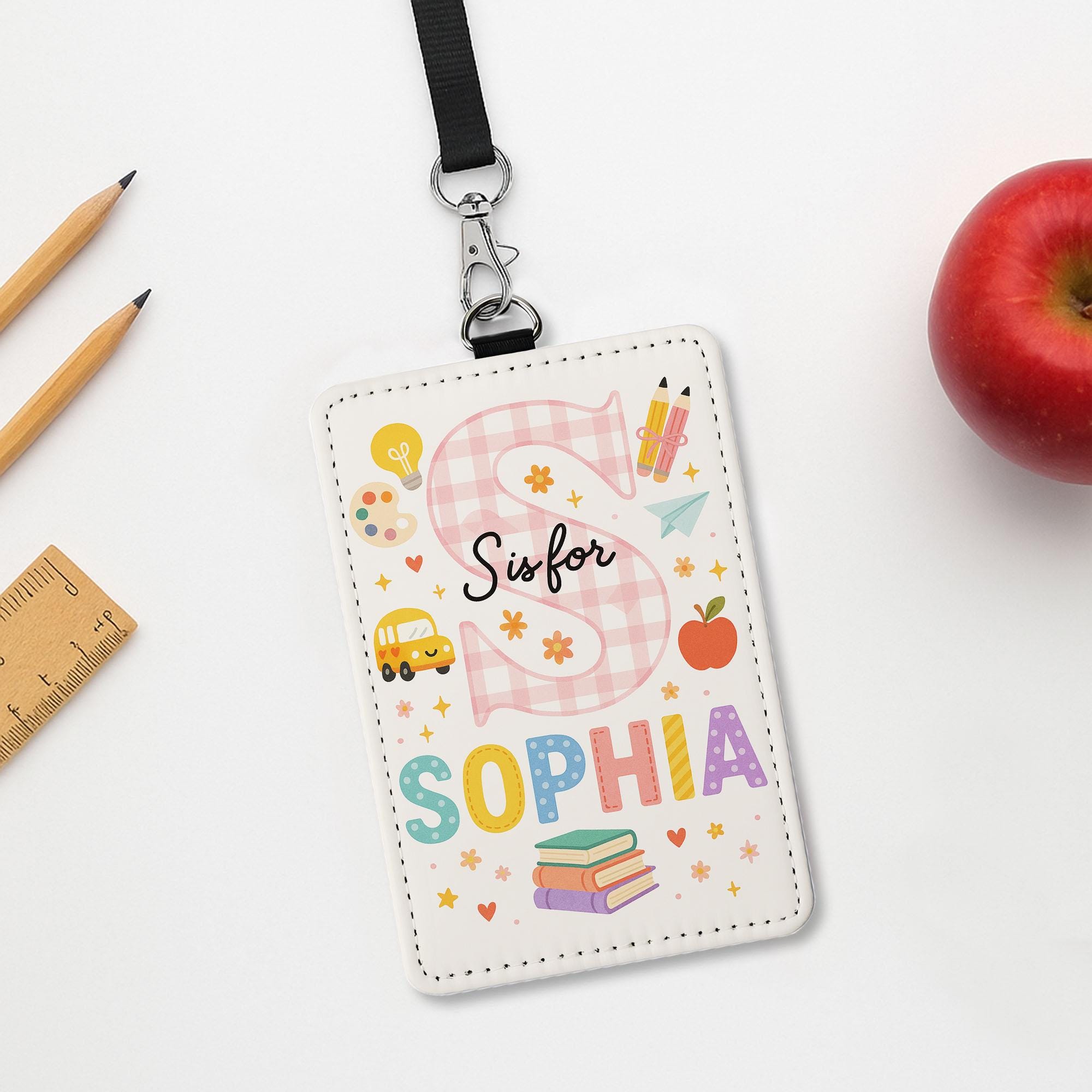 Personalized School ID Badge Holder, Cute Name Tag for Kids, S is for Teacher Lanyard, Back to School Gift, Custom Teacher Badge