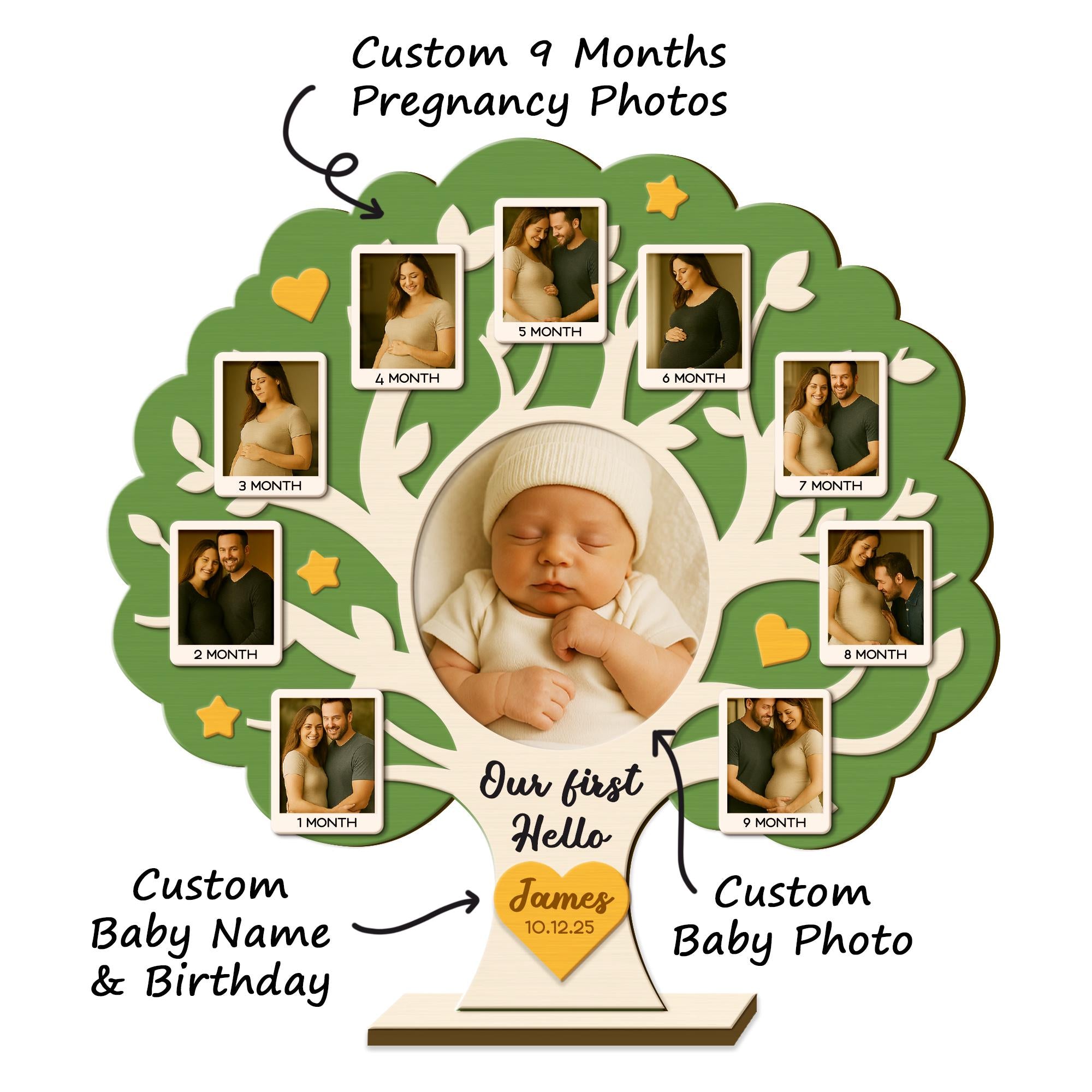 Baby Milestone Photo Frame - Personalized Wooden Pregnancy to Newborn Keepsake Tree - Our First Hello Baby Gift - Custom Baby Name