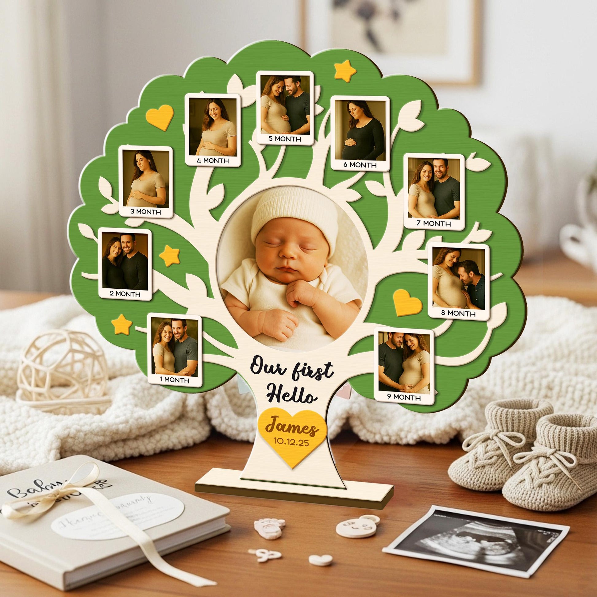 Baby Milestone Photo Frame - Personalized Wooden Pregnancy to Newborn Keepsake Tree - Our First Hello Baby Gift - Custom Baby Name