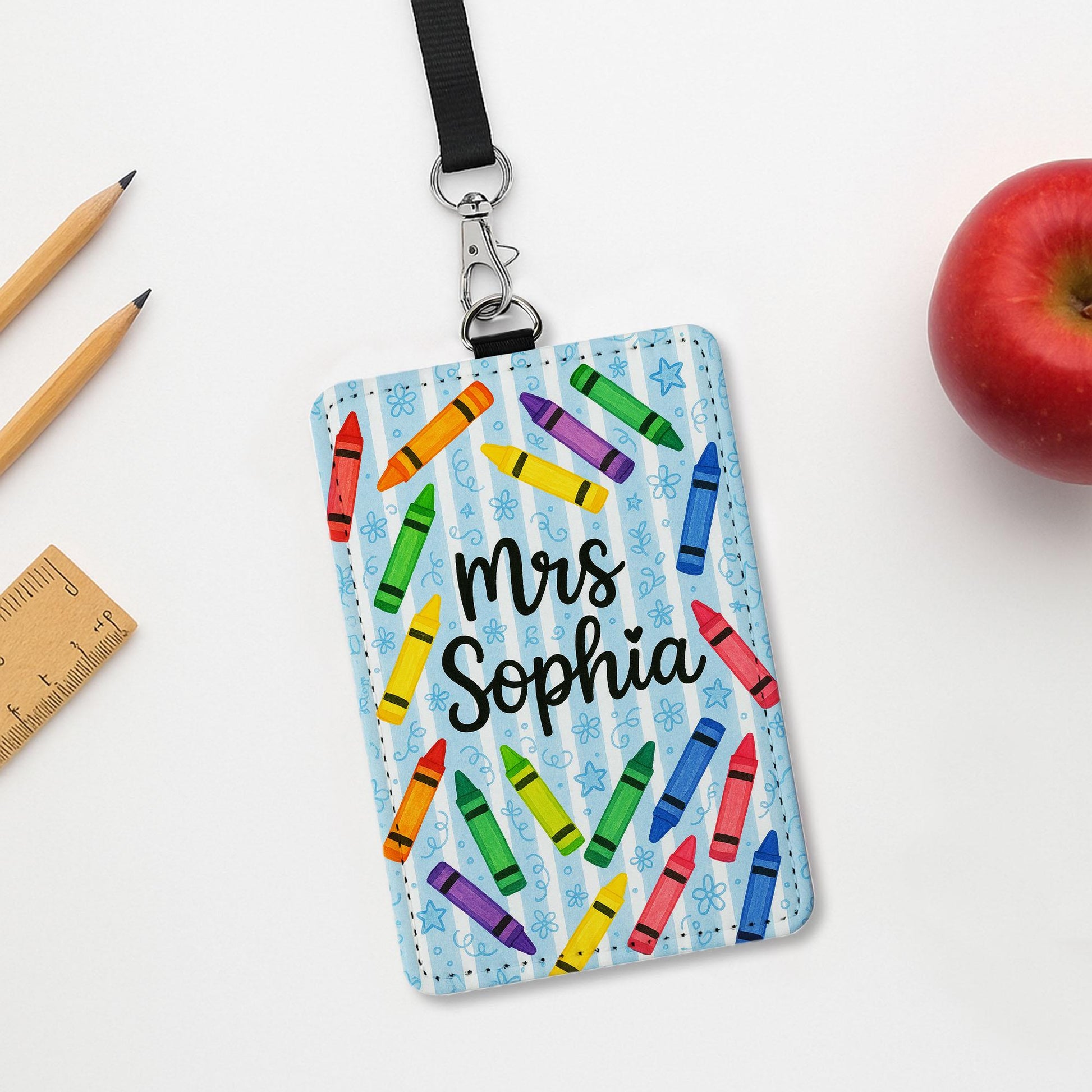 Personalized Crayon Badge Holder, Teacher Name Tag with Lanyard, Cute Classroom ID Card, Back to School Teacher Accessory