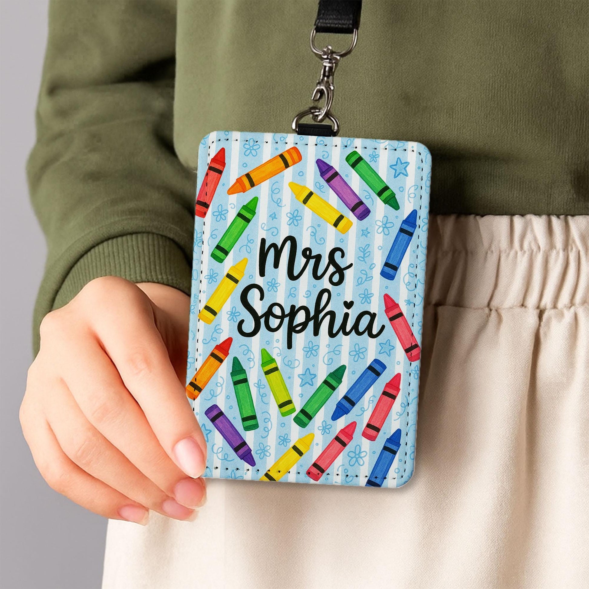 Personalized Crayon Badge Holder, Teacher Name Tag with Lanyard, Cute Classroom ID Card, Back to School Teacher Accessory