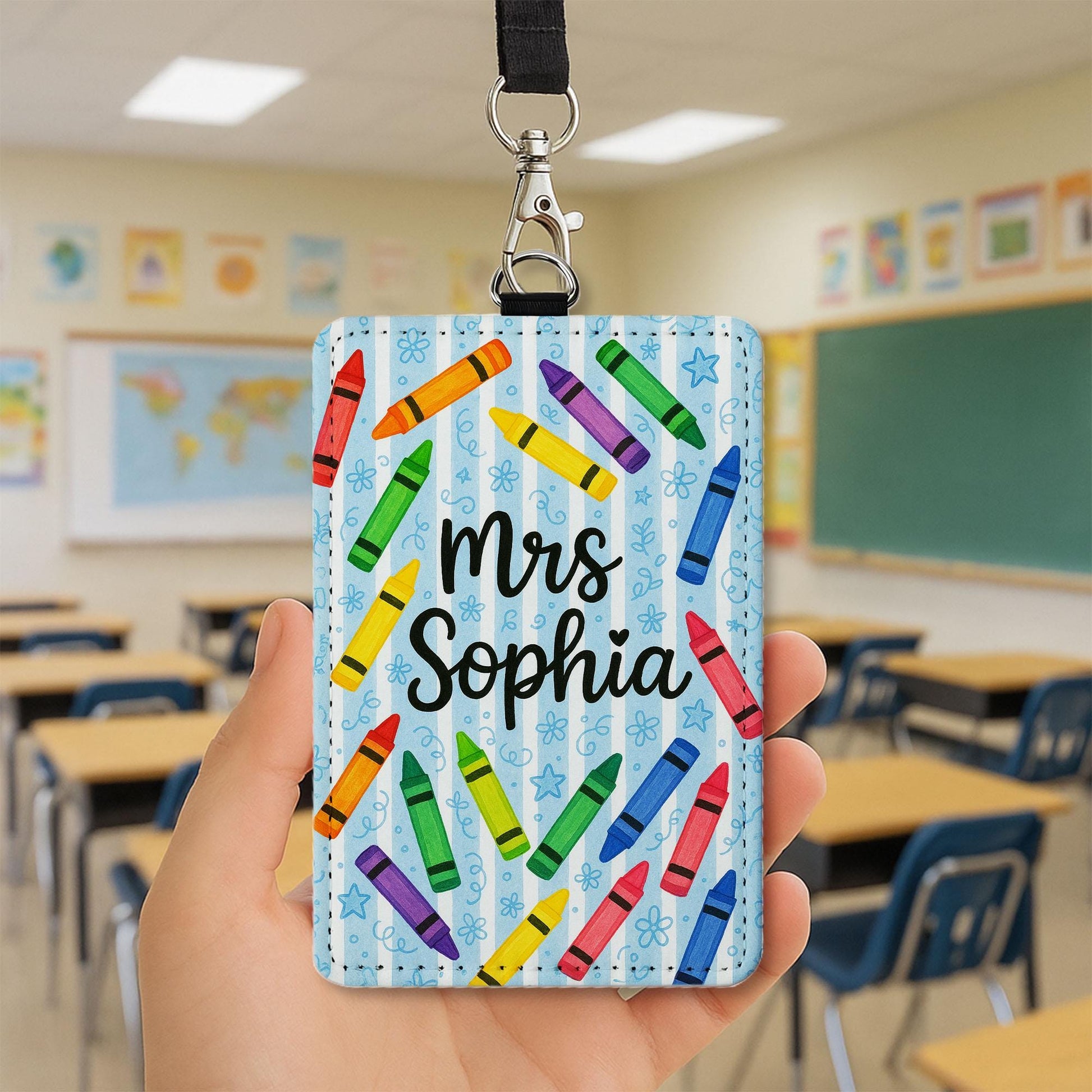 Personalized Crayon Badge Holder, Teacher Name Tag with Lanyard, Cute Classroom ID Card, Back to School Teacher Accessory