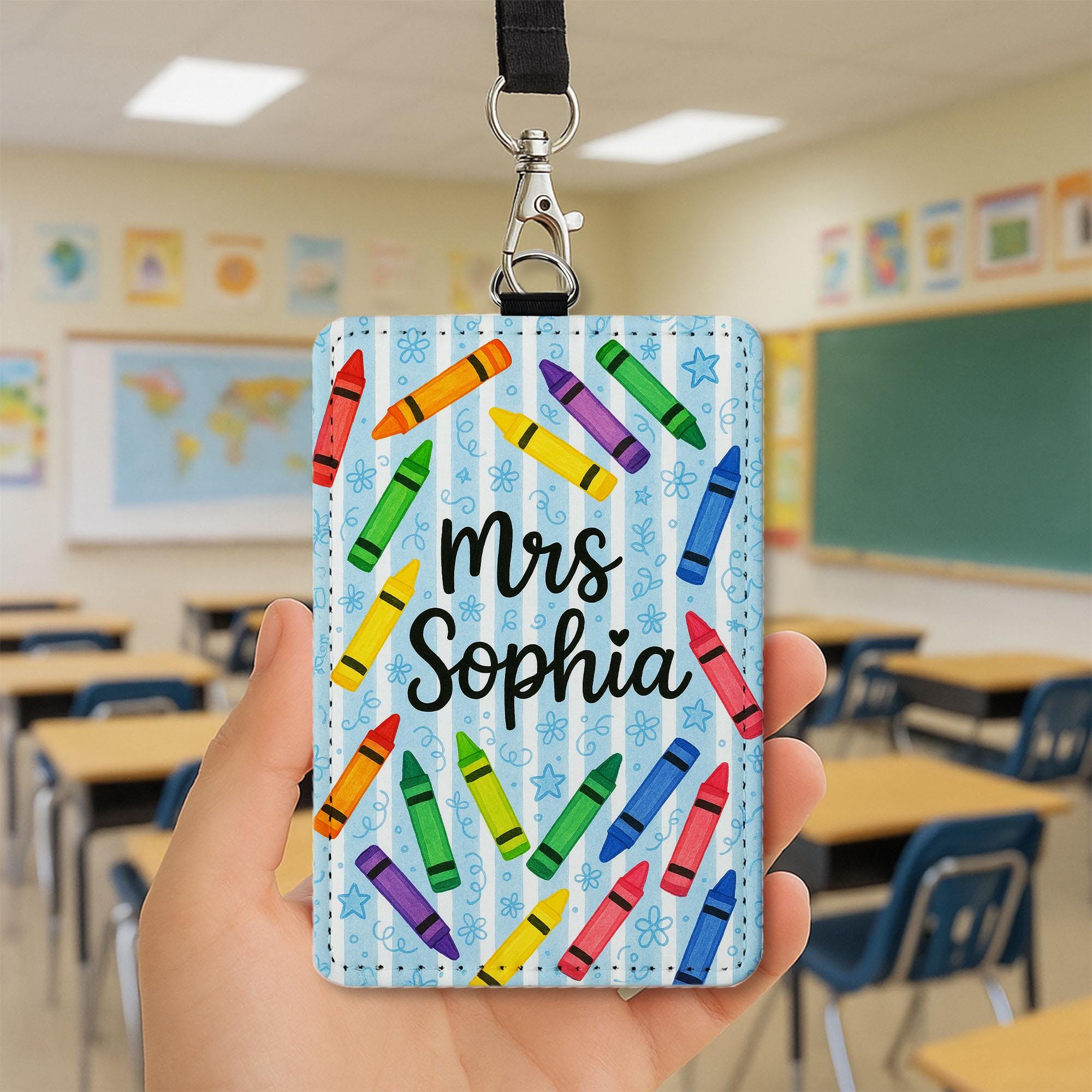 Personalized Crayon Badge Holder, Teacher Name Tag with Lanyard, Cute Classroom ID Card, Back to School Teacher Accessory