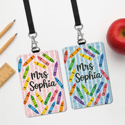 Personalized Crayon Badge Holder, Teacher Name Tag with Lanyard, Cute Classroom ID Card, Back to School Teacher Accessory