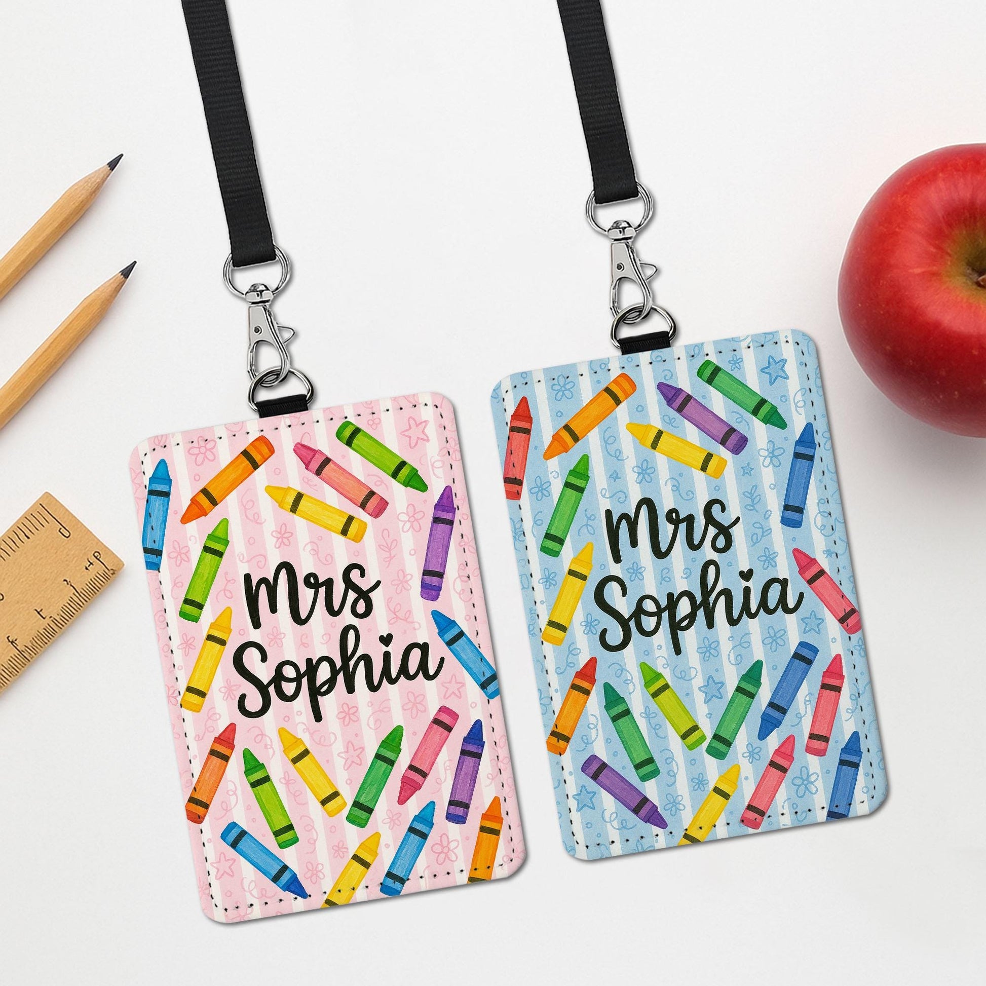 Personalized Crayon Badge Holder, Teacher Name Tag with Lanyard, Cute Classroom ID Card, Back to School Teacher Accessory