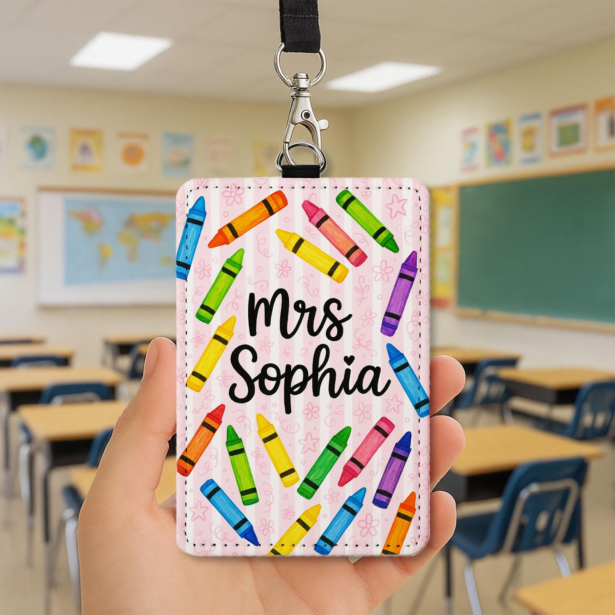 Personalized Crayon Badge Holder, Teacher Name Tag with Lanyard, Cute Classroom ID Card, Back to School Teacher Accessory