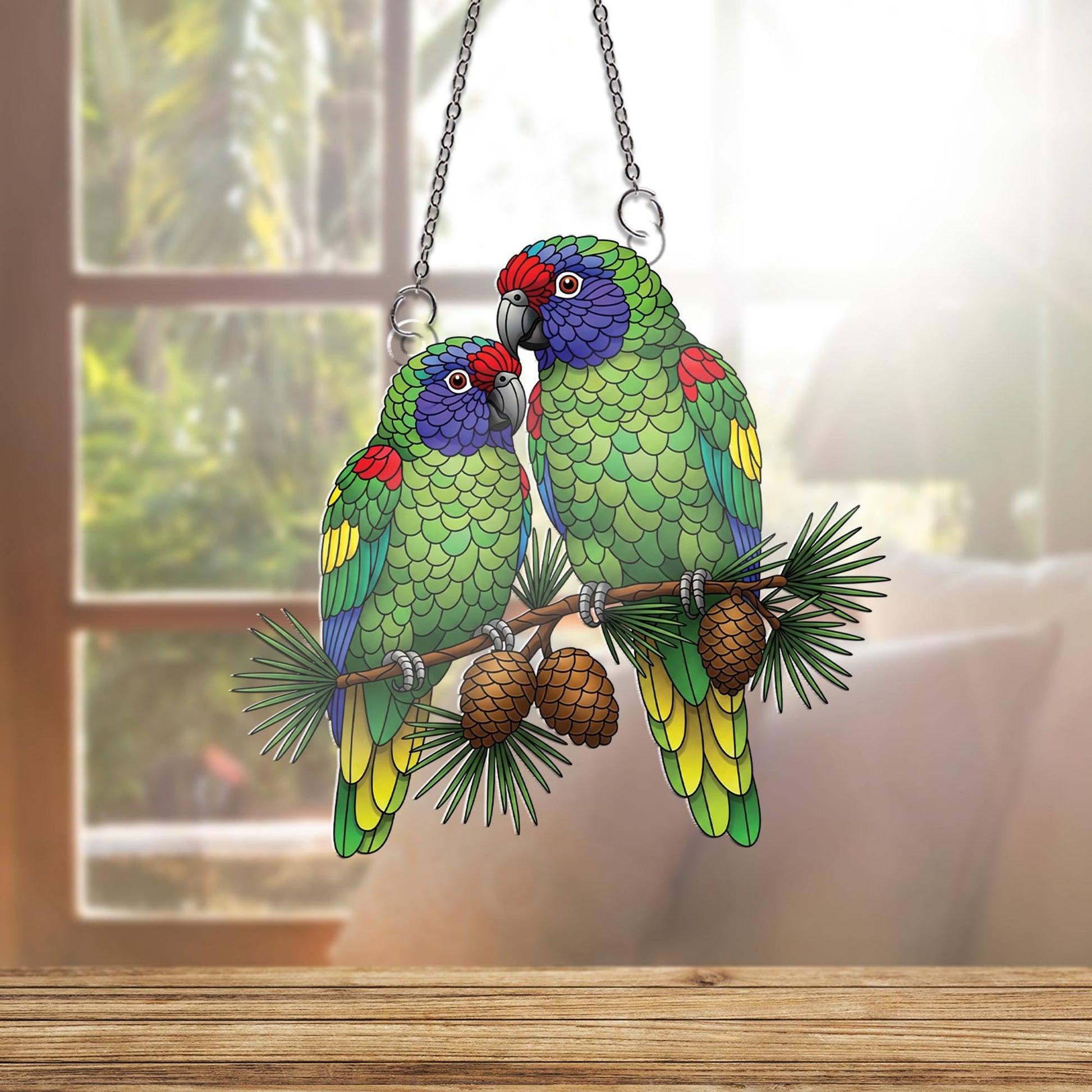 Colorful Parrot Couple Faux Stained Glass Window Hanging – Tropical Bird Suncatcher Home Decor – Vibrant Lovebirds Gift