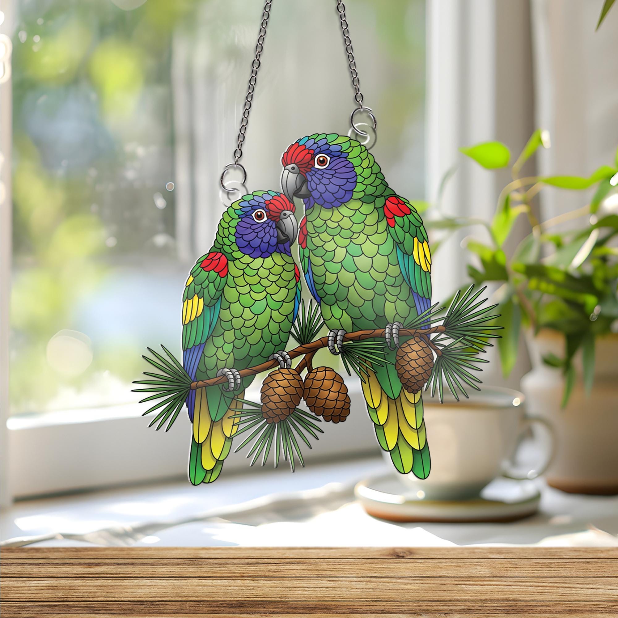 Colorful Parrot Couple Faux Stained Glass Window Hanging – Tropical Bird Suncatcher Home Decor – Vibrant Lovebirds Gift