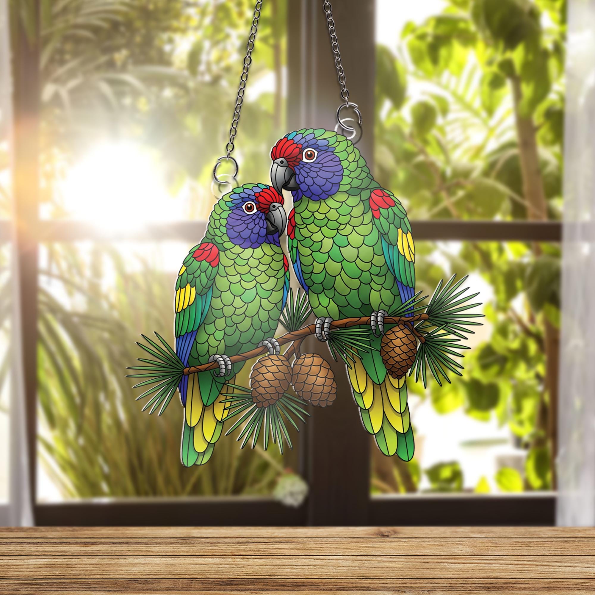 Colorful Parrot Couple Faux Stained Glass Window Hanging – Tropical Bird Suncatcher Home Decor – Vibrant Lovebirds Gift