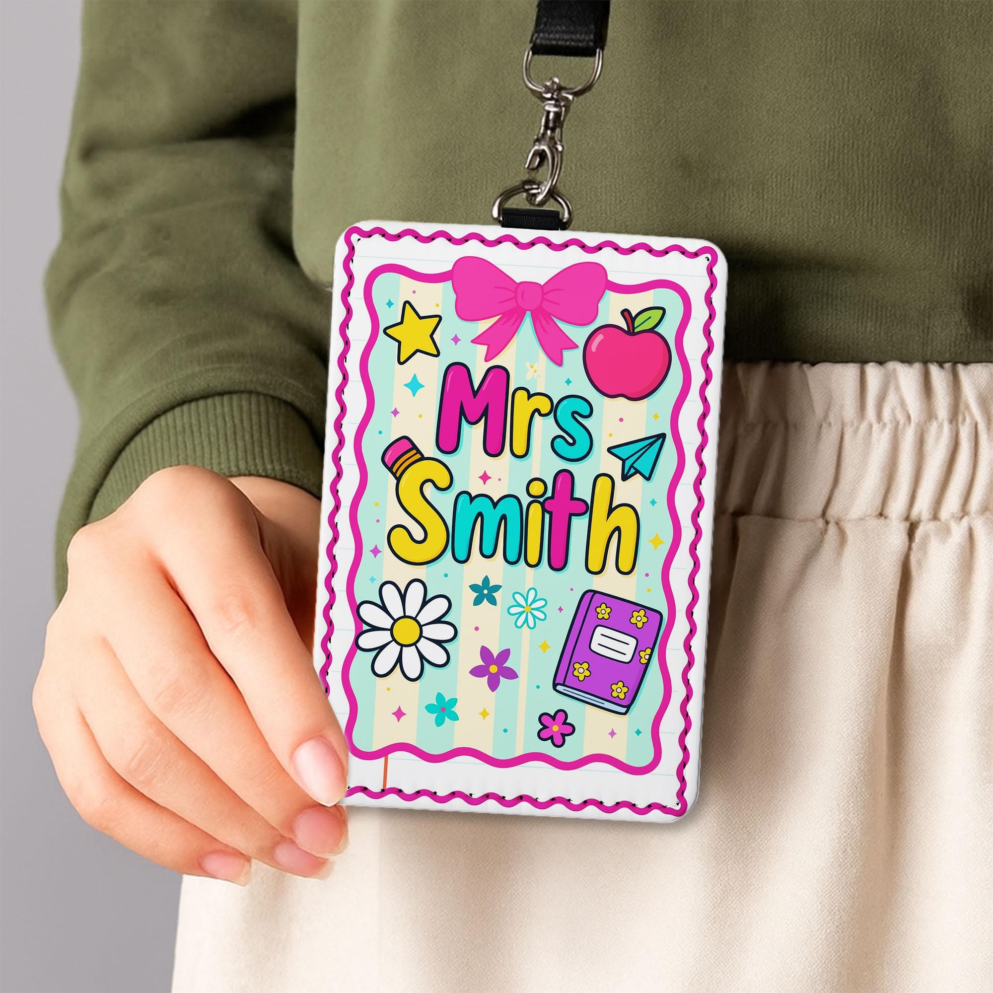 Personalized Teacher Name Badge Holder, Cute Classroom Lanyard ID Tag with Apple and Bow, Back to School Teacher Gift, School Supplies