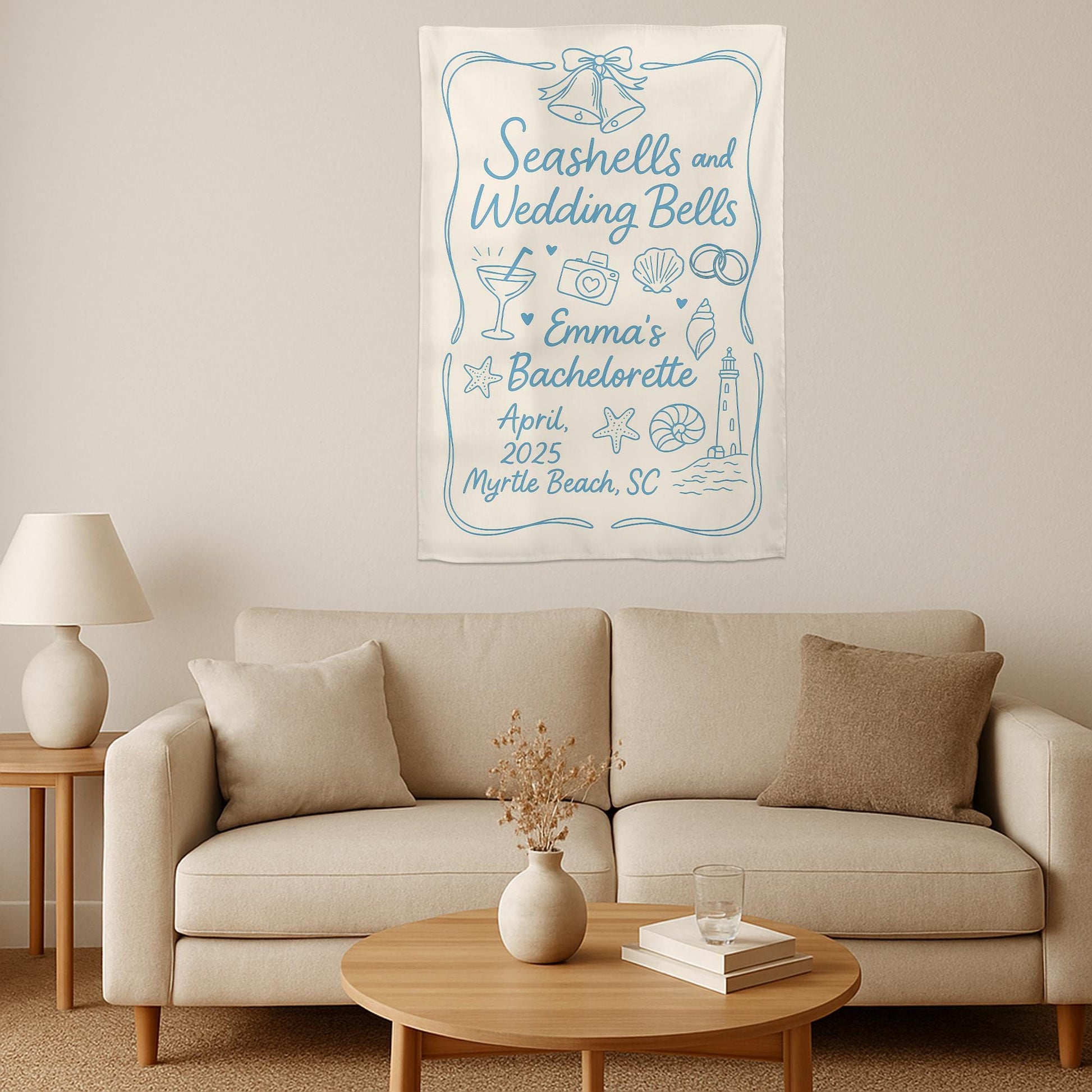 Custom Bachelorette Party Tapestry – Seashells and Wedding Bells Beach Banner – Personalized Bridal Shower Decor – Nautical Bach Party Sign