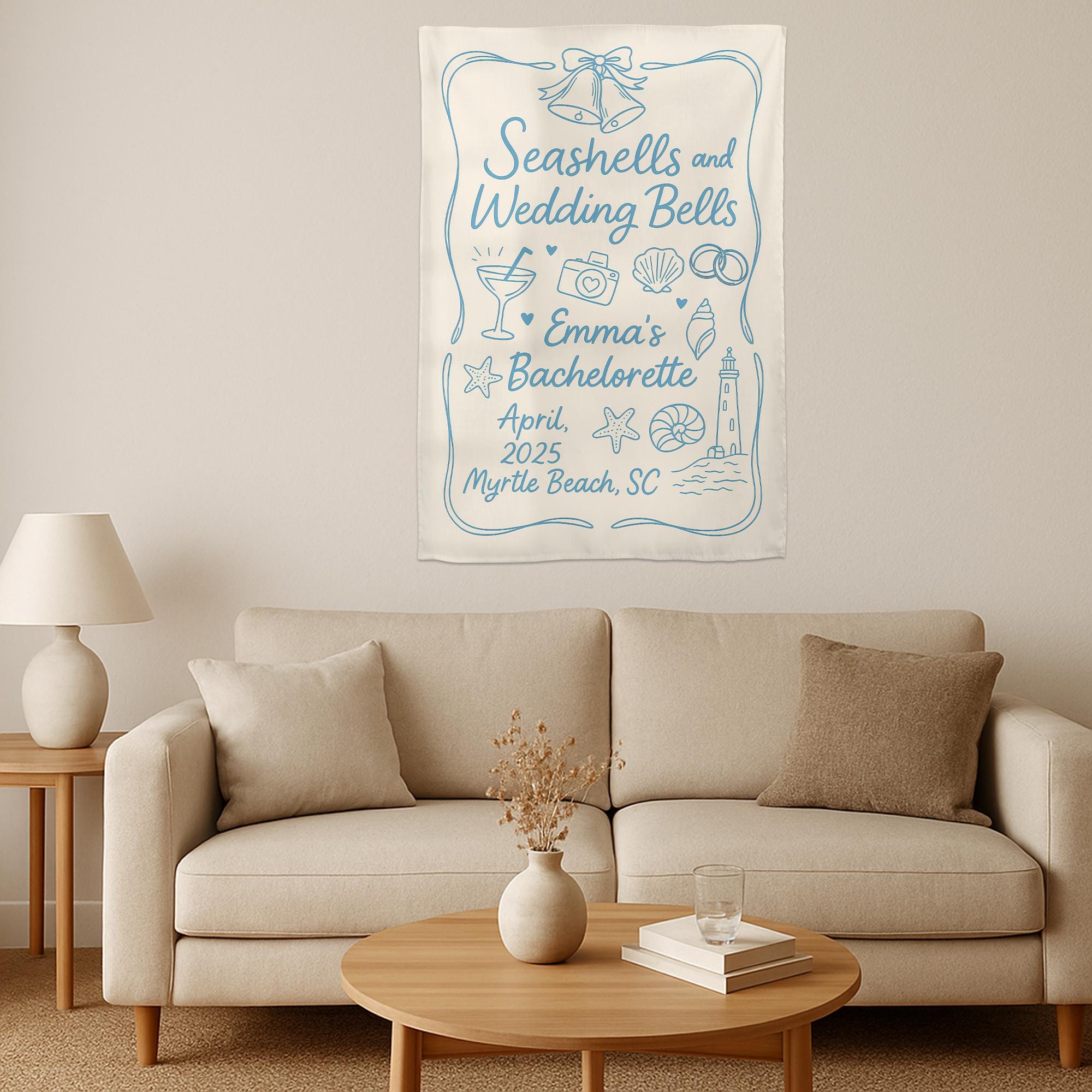 Custom Bachelorette Party Tapestry – Seashells and Wedding Bells Beach Banner – Personalized Bridal Shower Decor – Nautical Bach Party Sign