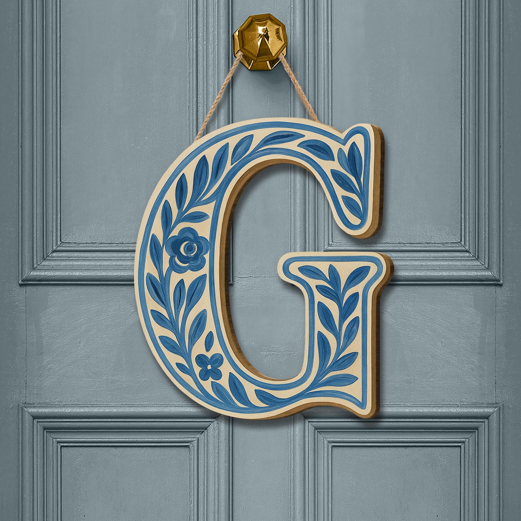Custom Chinoiserie Monogram Letter | Blue Floral Wooden Wall Sign | Personalized Nursery Initial | Door Hanger Name Decor | Cottagecore Gift