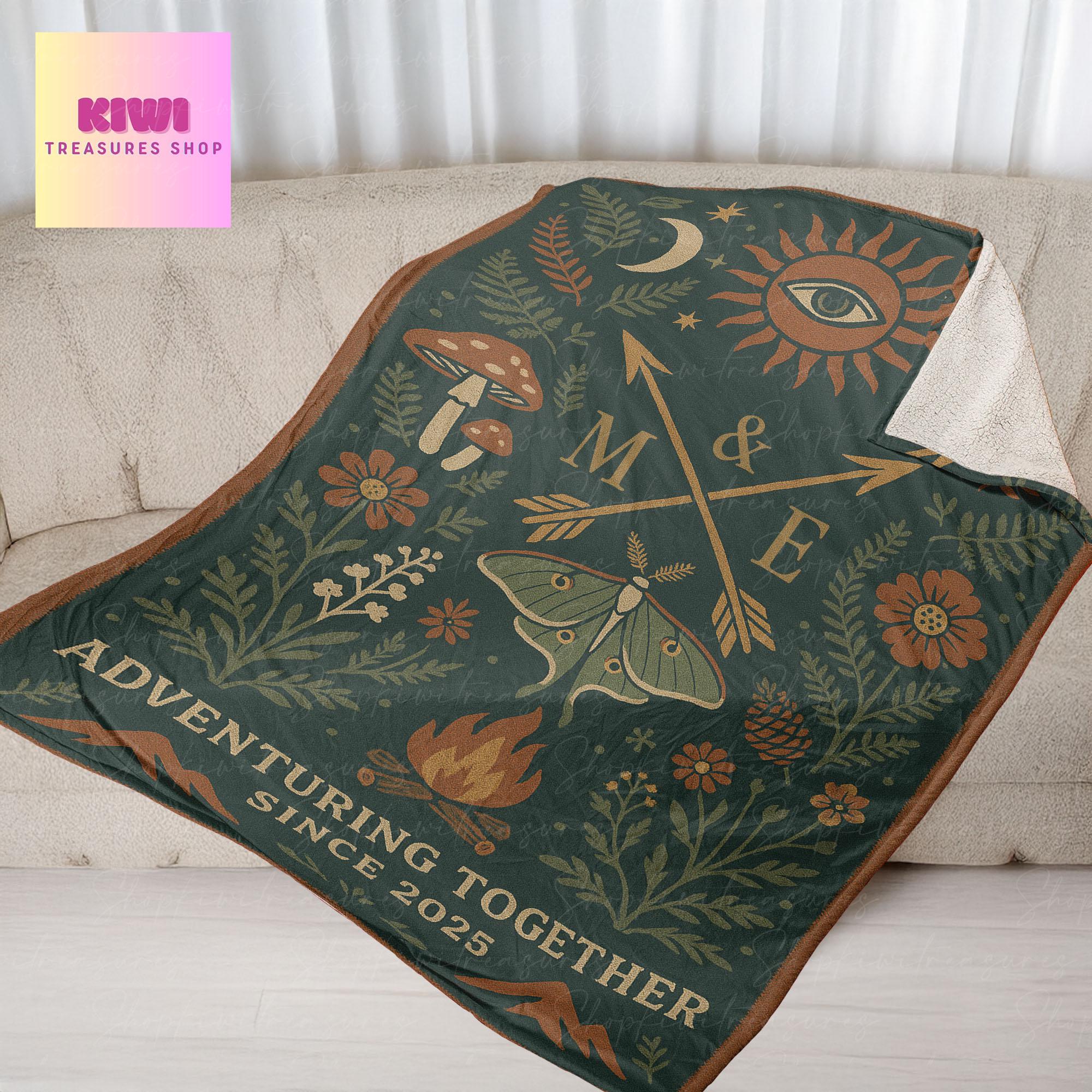 Custom Camping Couple Blanket | Adventure Together Fleece Throw | Wedding Gift for Outdoorsy Couple | Boho Nature Personalized Blanket