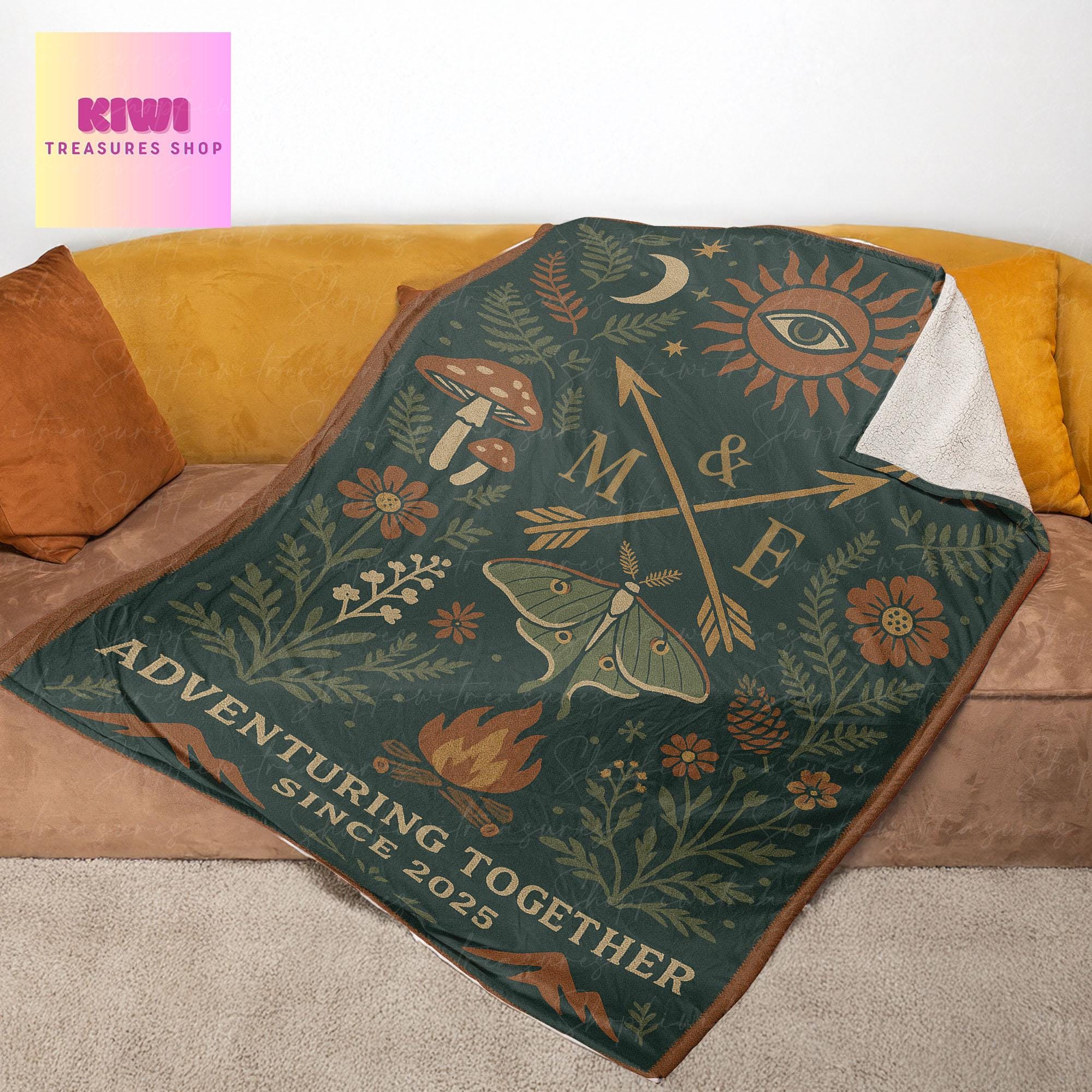 Custom Camping Couple Blanket | Adventure Together Fleece Throw | Wedding Gift for Outdoorsy Couple | Boho Nature Personalized Blanket