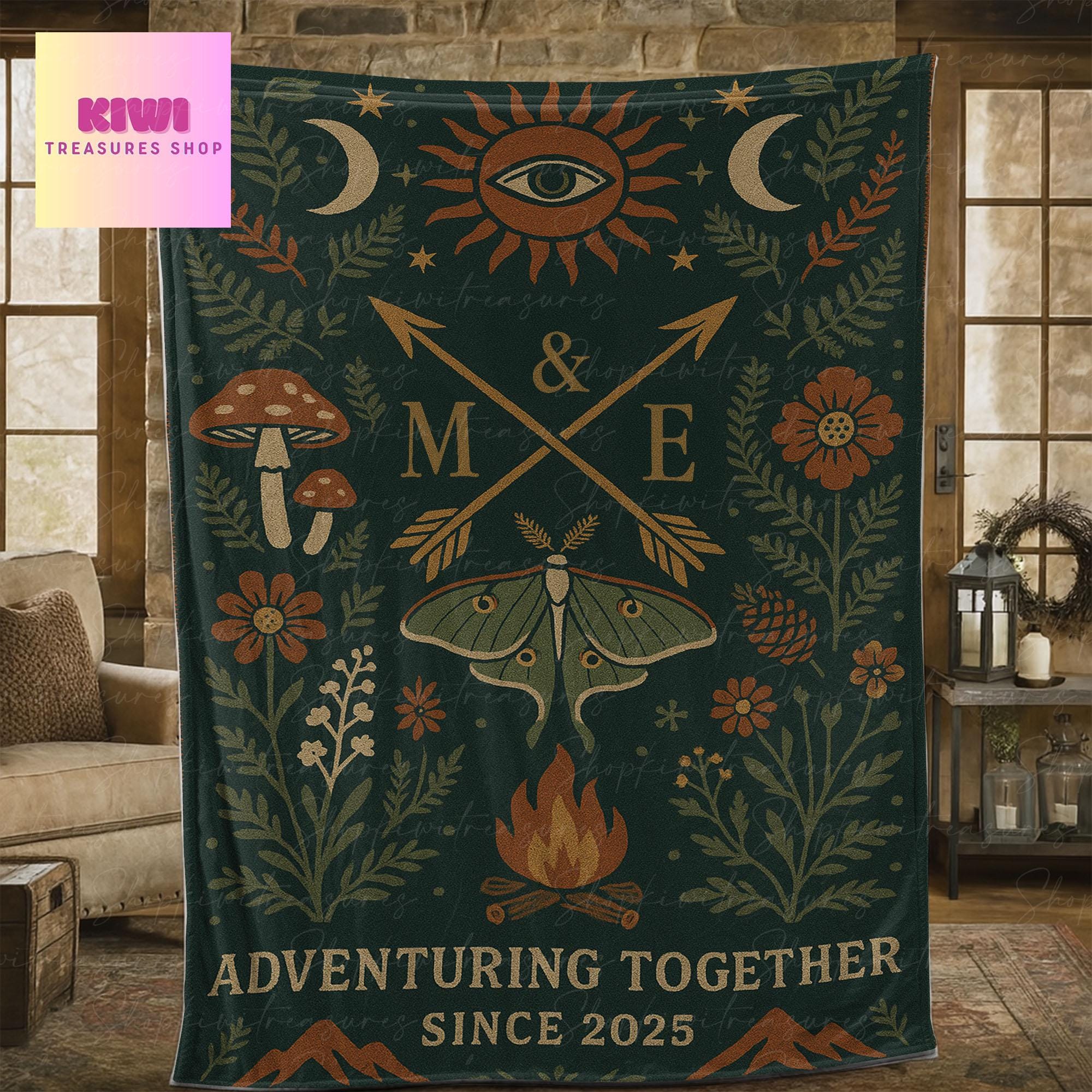 Custom Camping Couple Blanket | Adventure Together Fleece Throw | Wedding Gift for Outdoorsy Couple | Boho Nature Personalized Blanket