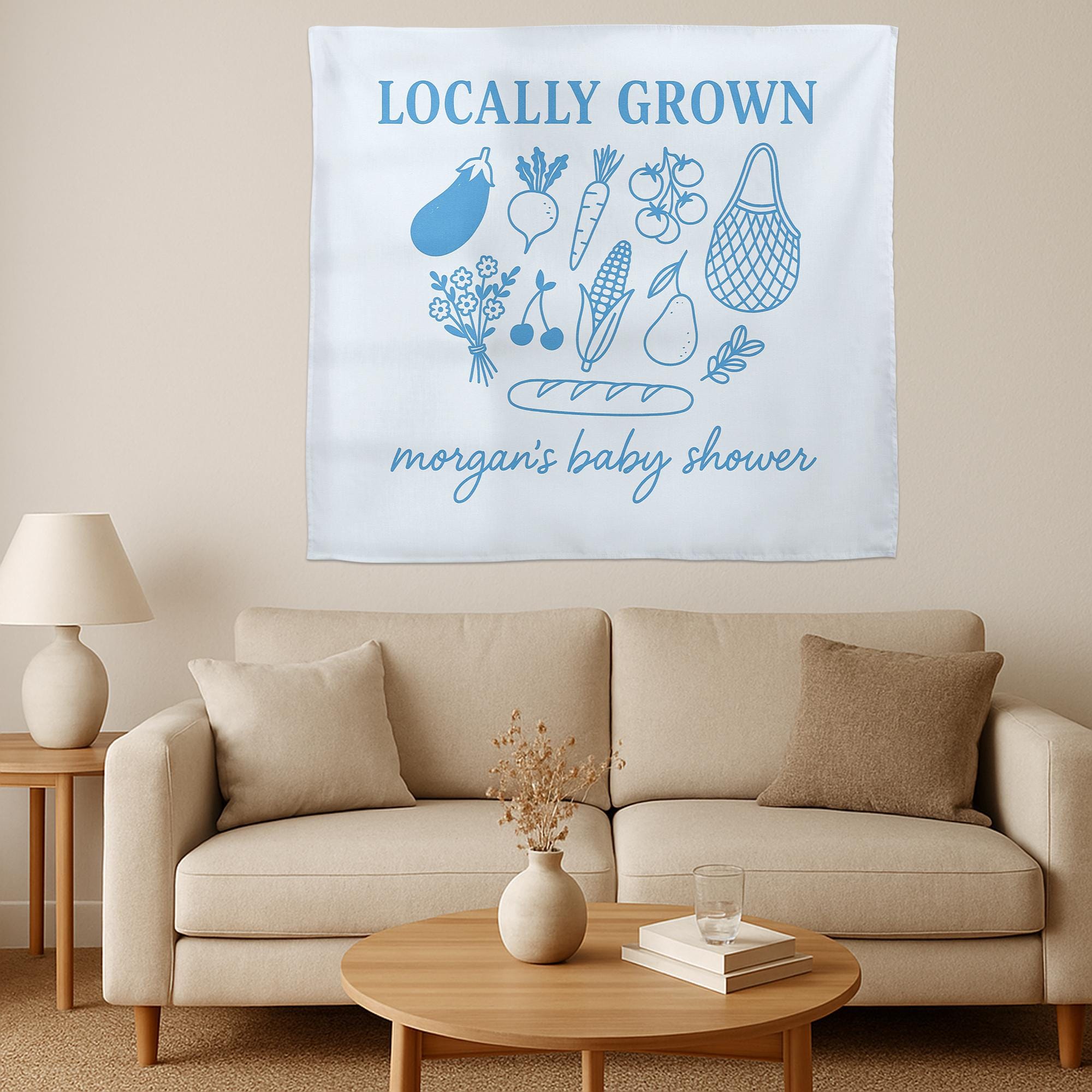 Locally Grown Baby Shower Tapestry, Personalized Farm Fresh Banner, Rustic Market Theme Decor, Custom Baby Shower Wall Sign