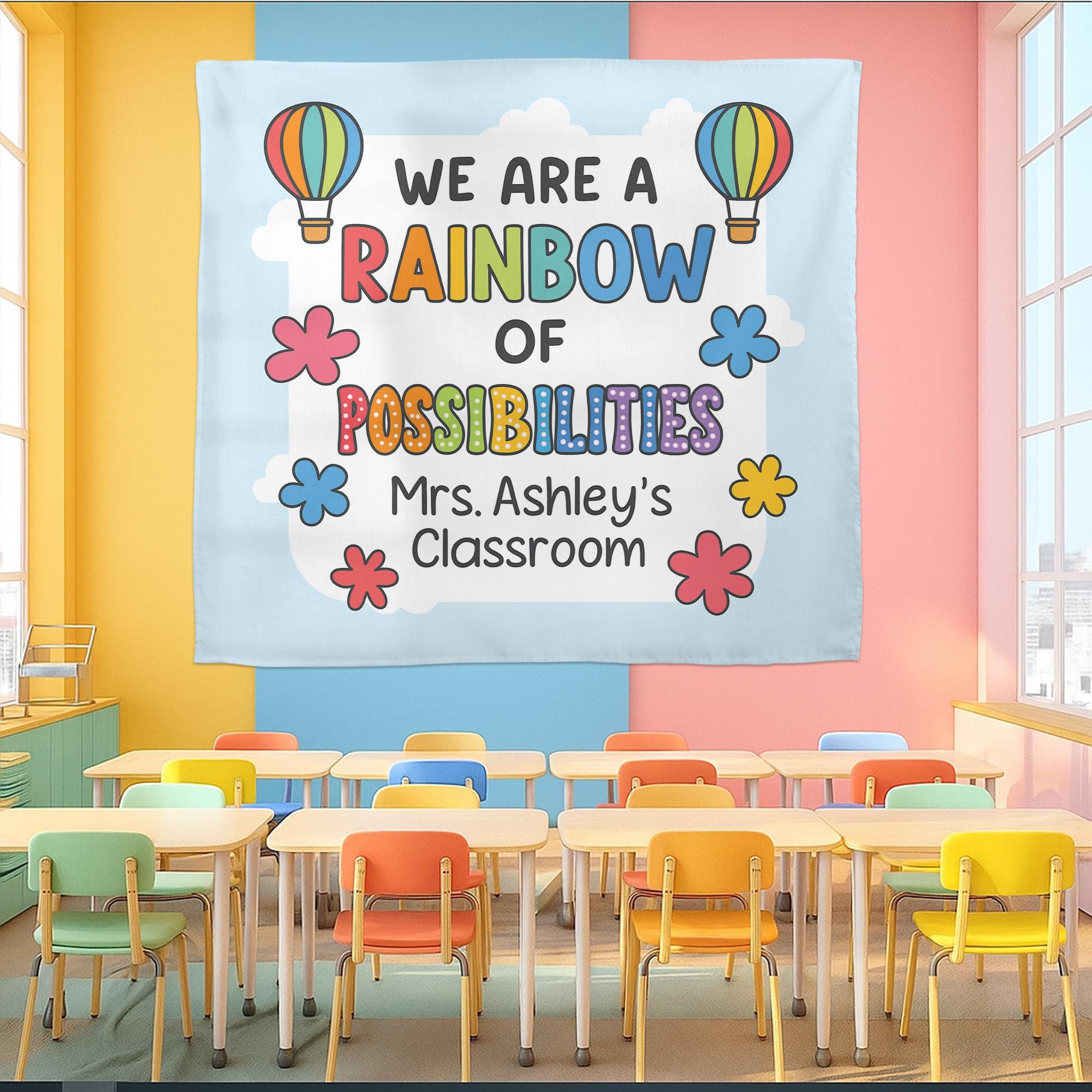 Personalized Rainbow Classroom Banner, We Are a Rainbow of Possibilities Sign, Custom Teacher Wall Decor, Back to School Decoration Tapestry